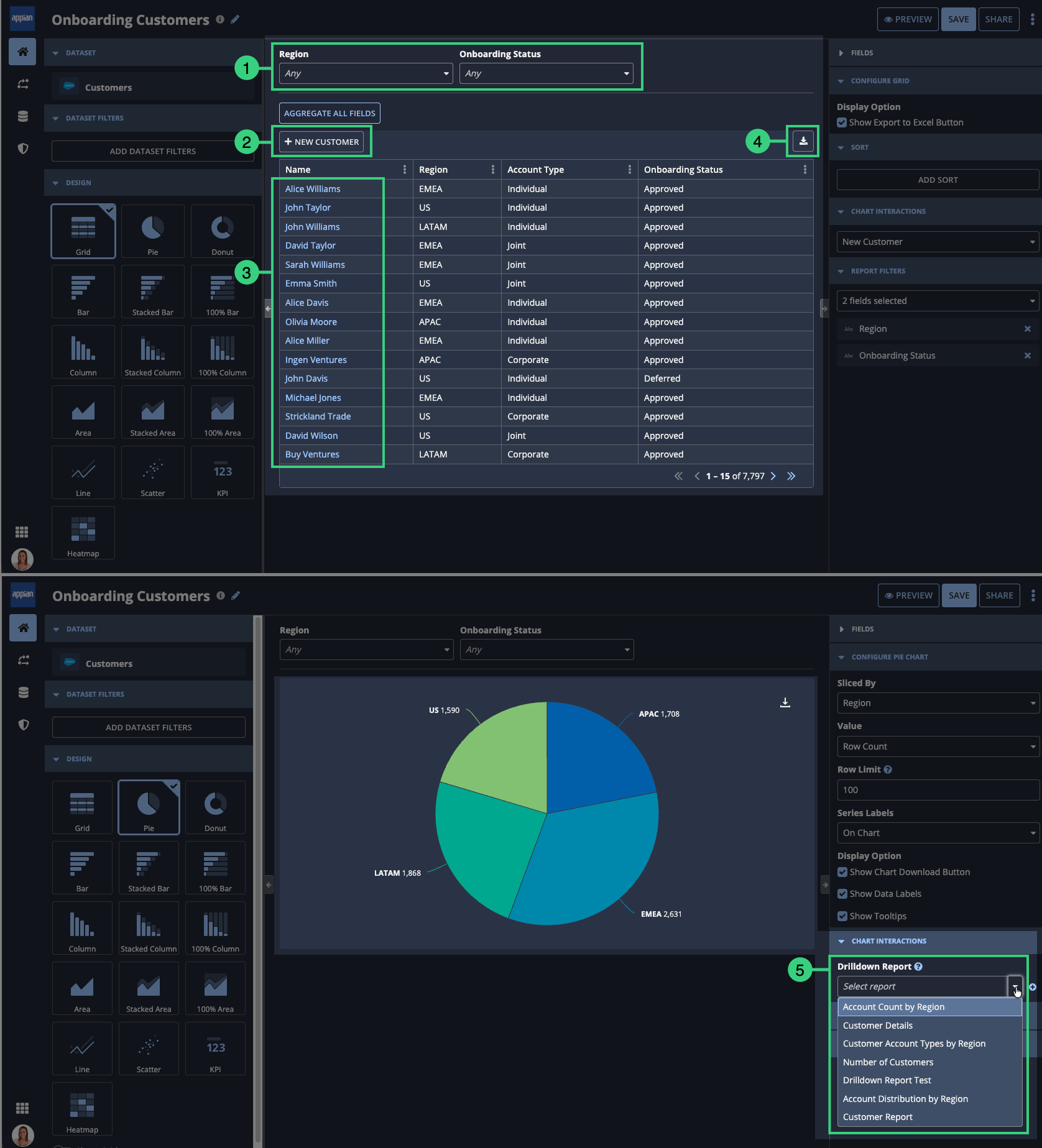 Example report showing optional interactive features including report filters, actions, links to row details, download button, and drilldown reports