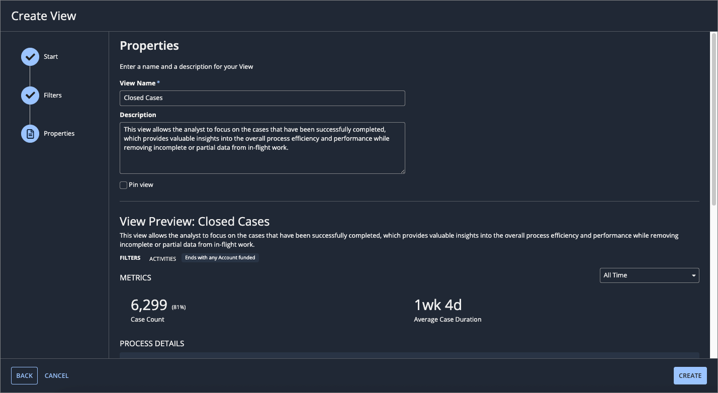 Properties step in the Create View workflow