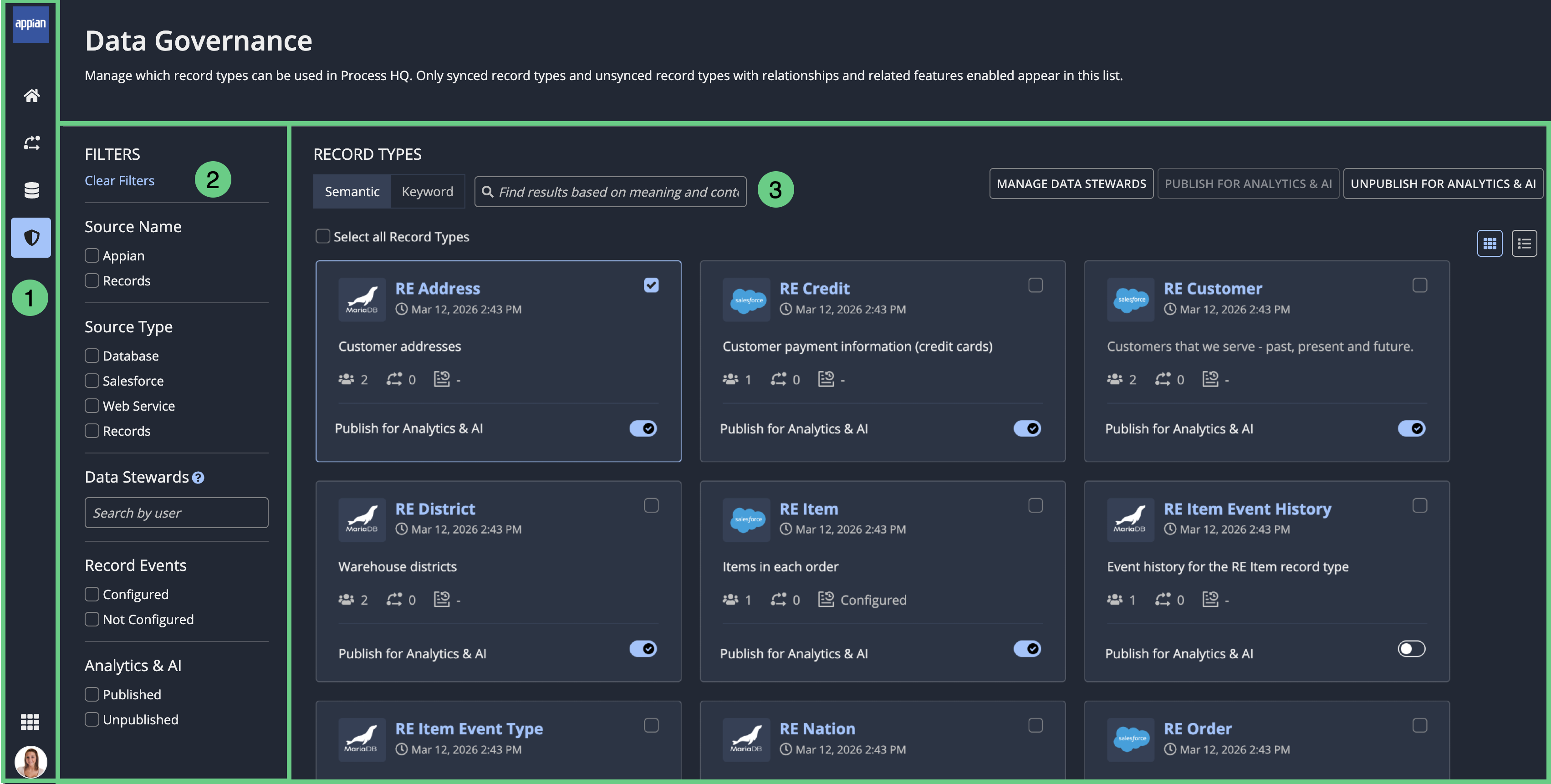 screenshot of the data governance page showing a list of record types and filter options