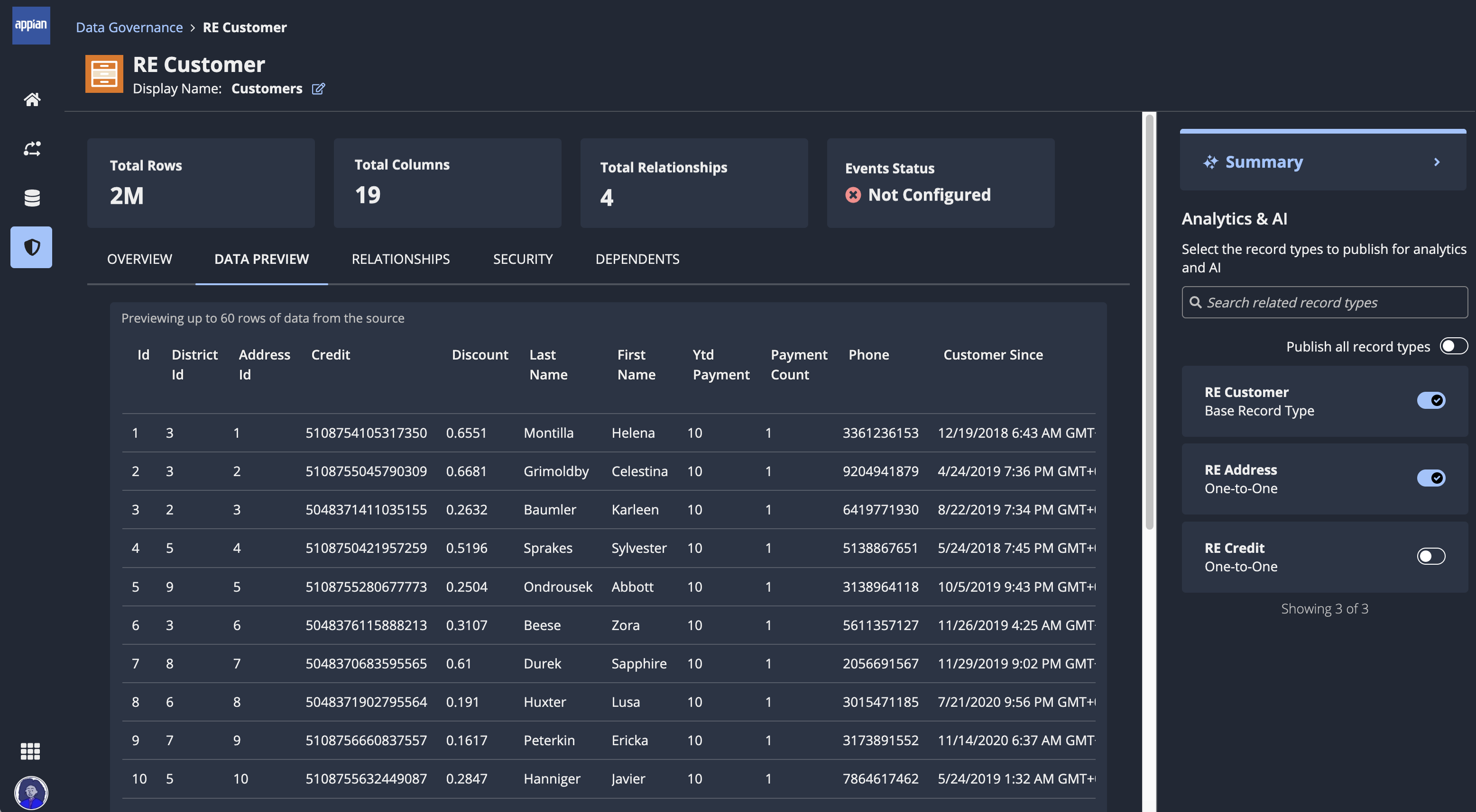 screenshot of the record type details data preview tab showing a preview of record data