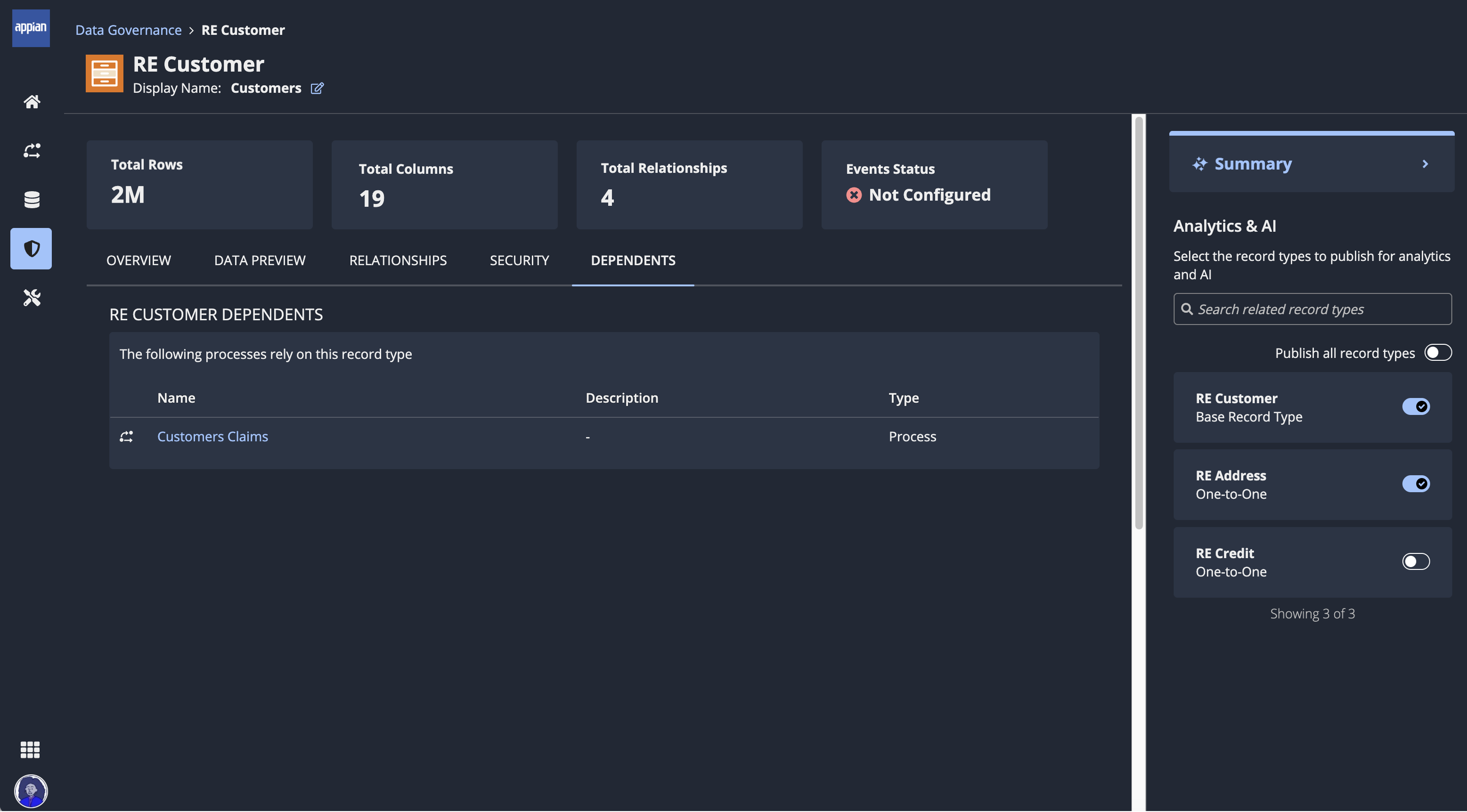 screenshot of the record type details dependents tab showing the processes that rely on the record type