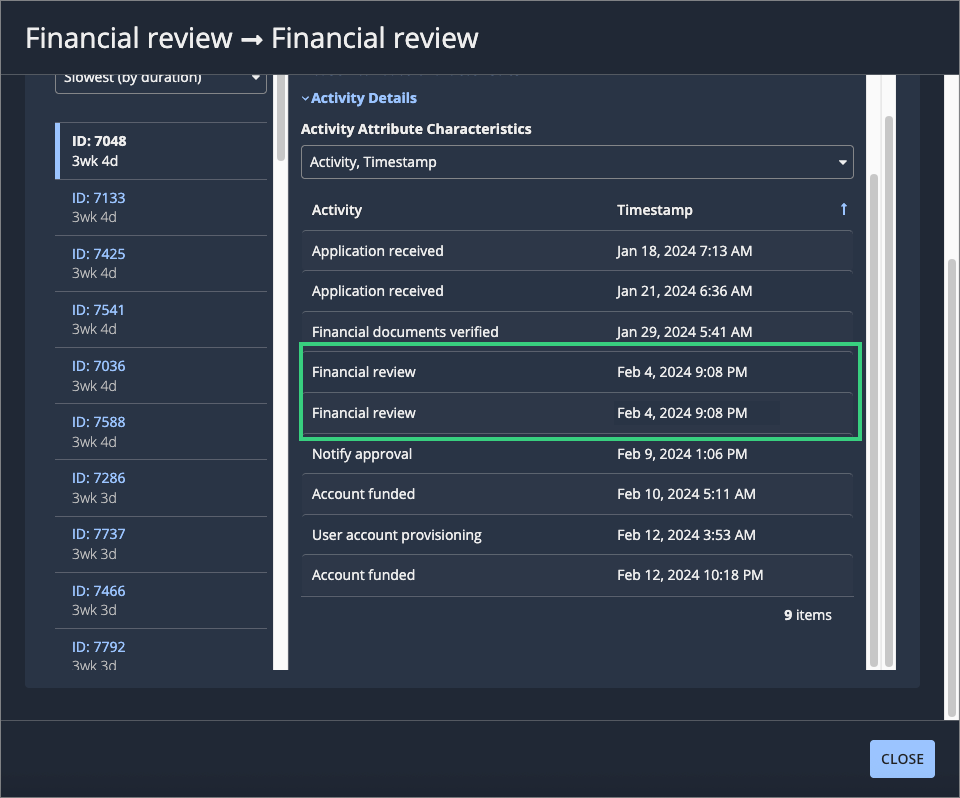 Two events with the same timestamp highlighted in the Activity Details section of a sequence details dialog