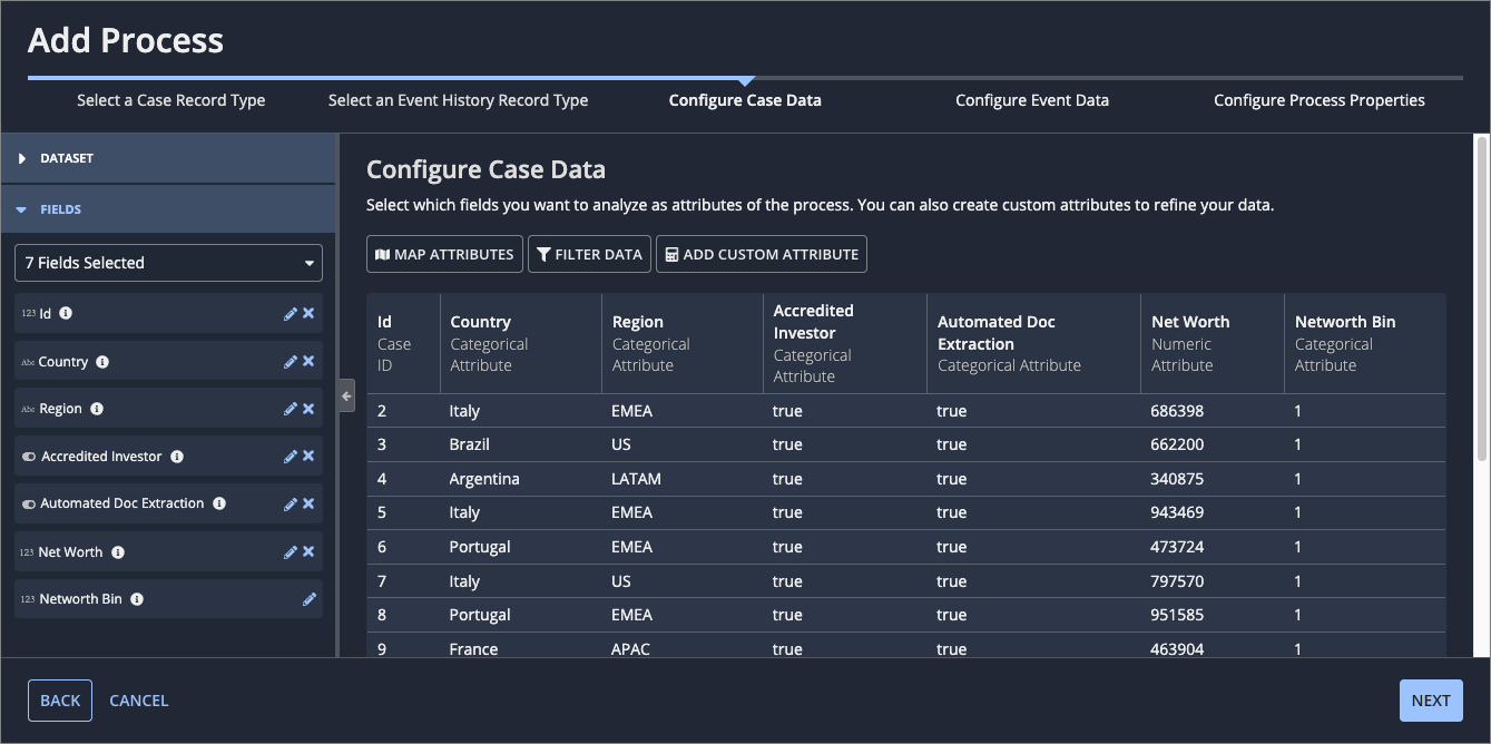  configure case data page showing selected fields and a preview of process data