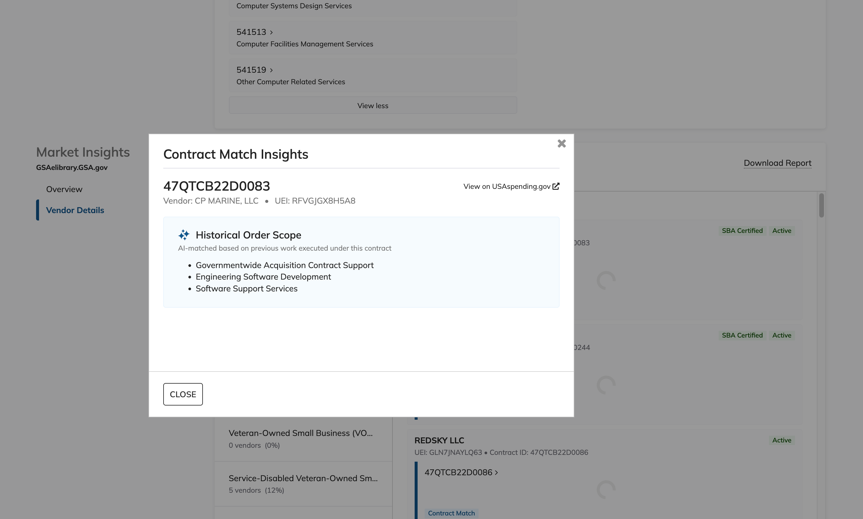 GWAC vendor details page showing contract match insights.