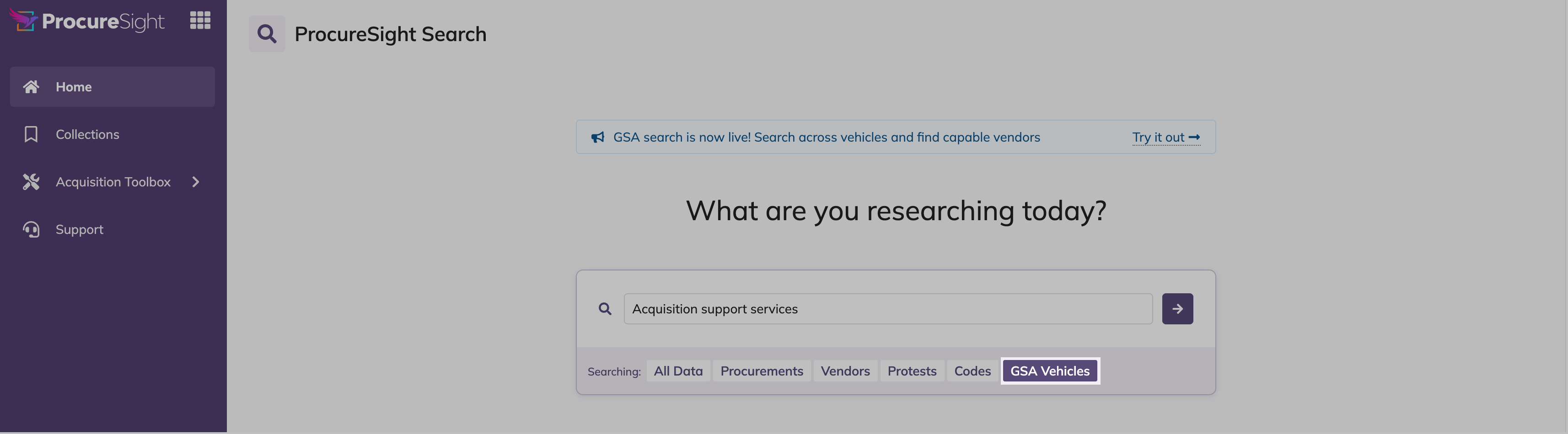 Search bar with a natural language requirement description entered and the GSA Vehicles dataset selected.