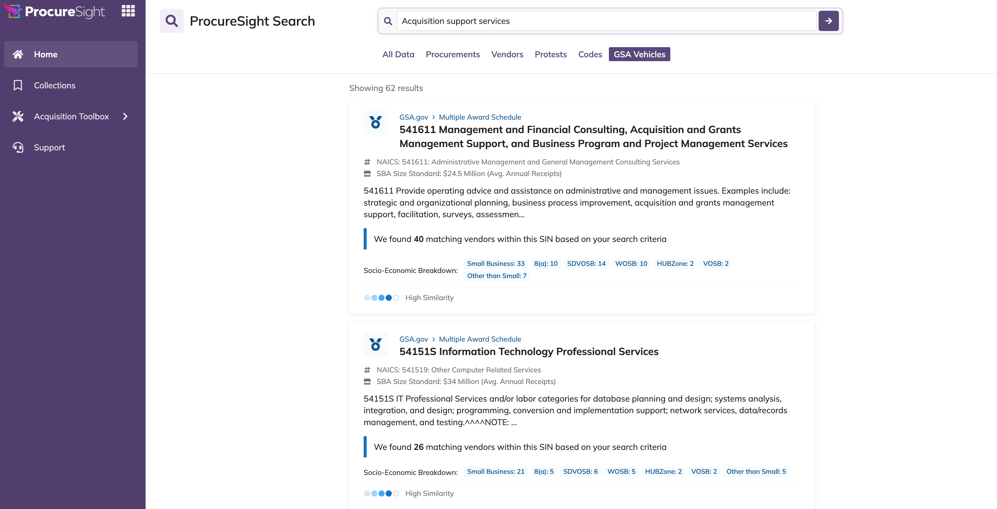 GSA Vehicle search results displaying SIN cards and GWAC vehicle cards.