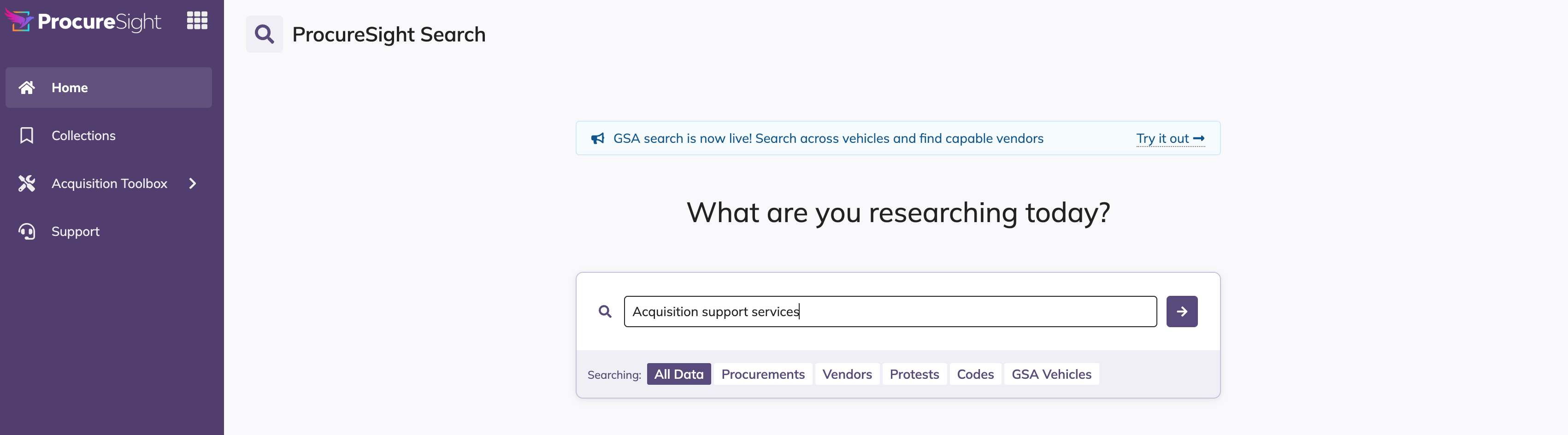 ProcureSight Core search bar with a cybersecurity services requirement entered.
