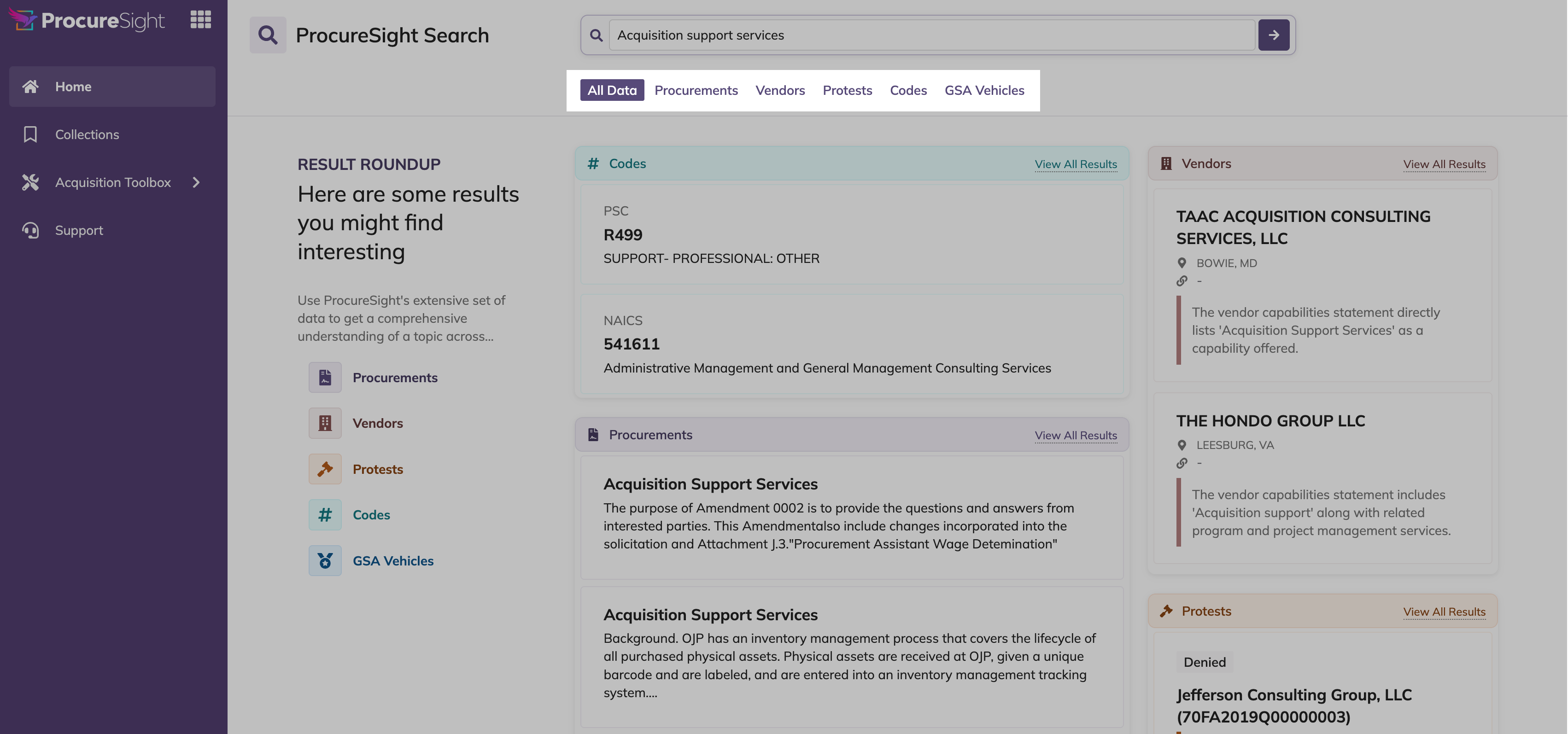 Search results filtered by dataset showing procurement data cards.