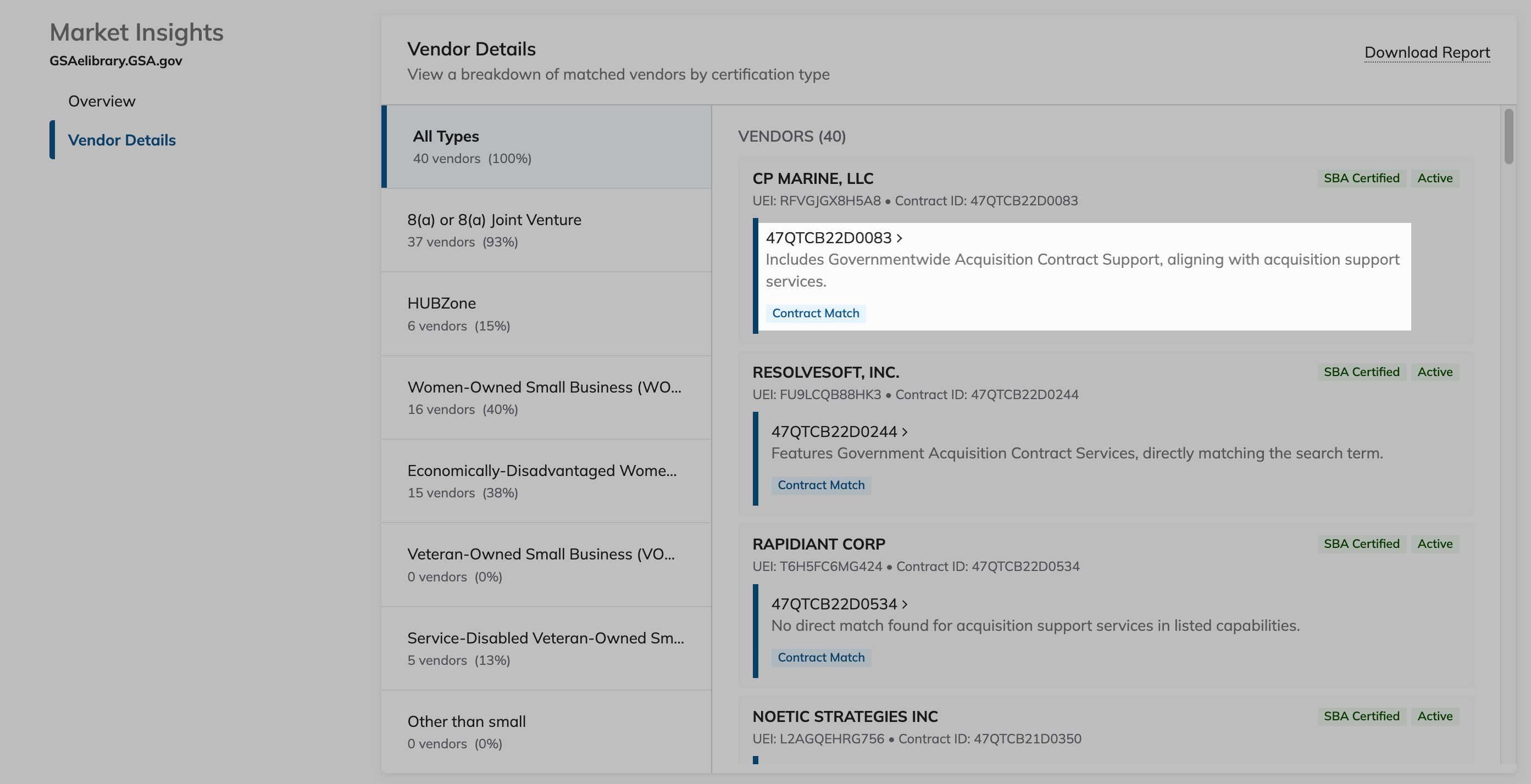 GWAC vendor match reason showing an AI-generated summary explaining why the vendor's award data aligns with the search requirement.