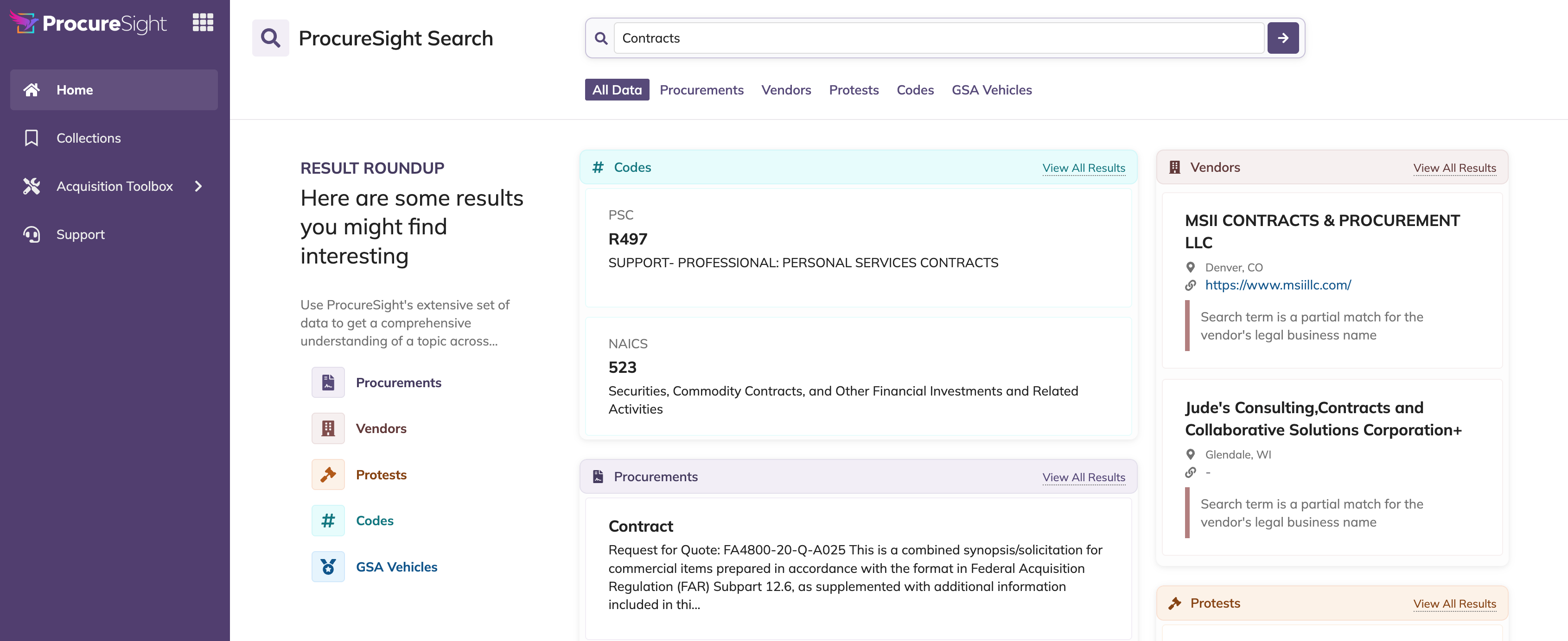 Search results showing cybersecurity services solicitations with similarity scores and award data.