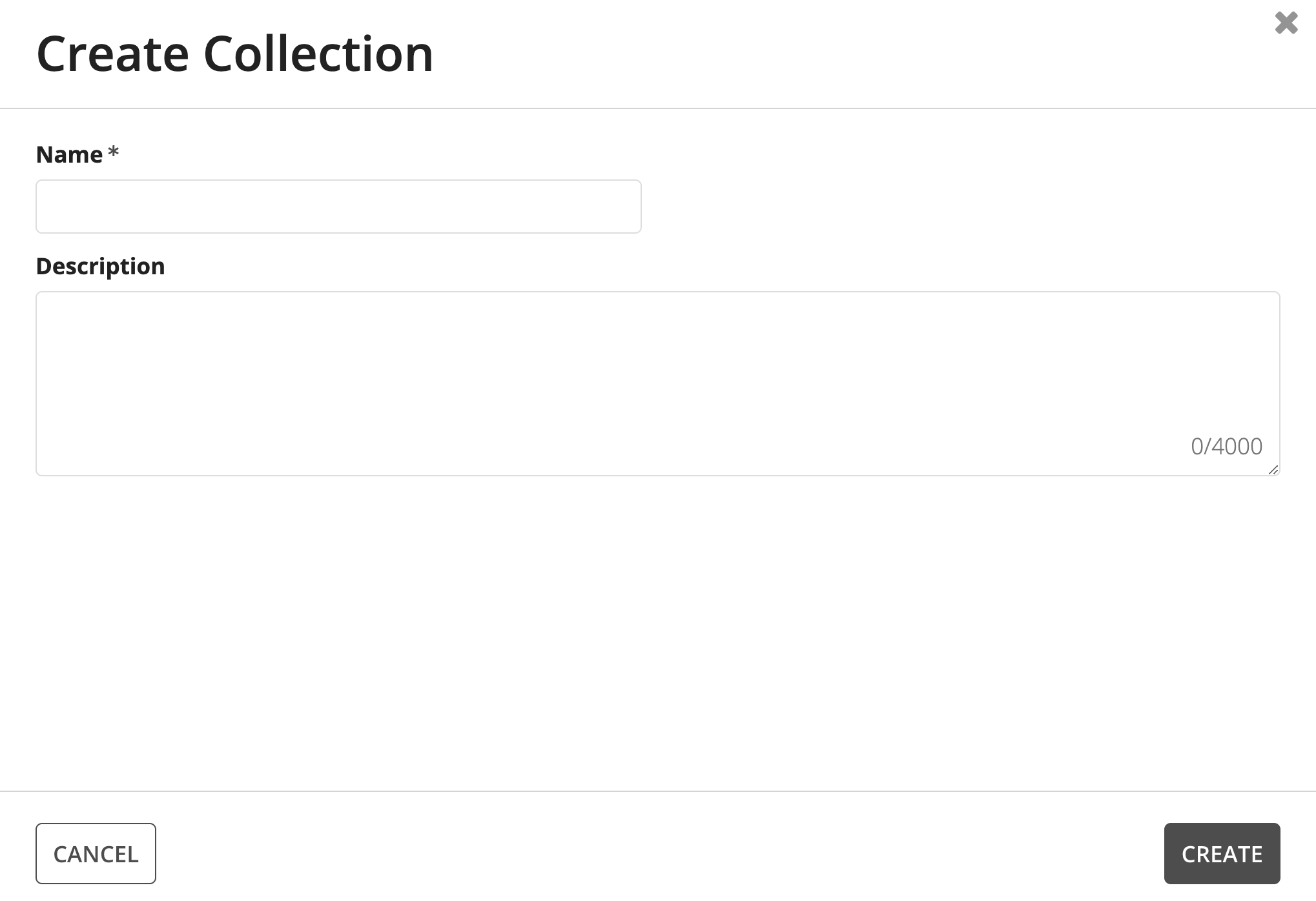 Create Collection dialog with name and description fields.