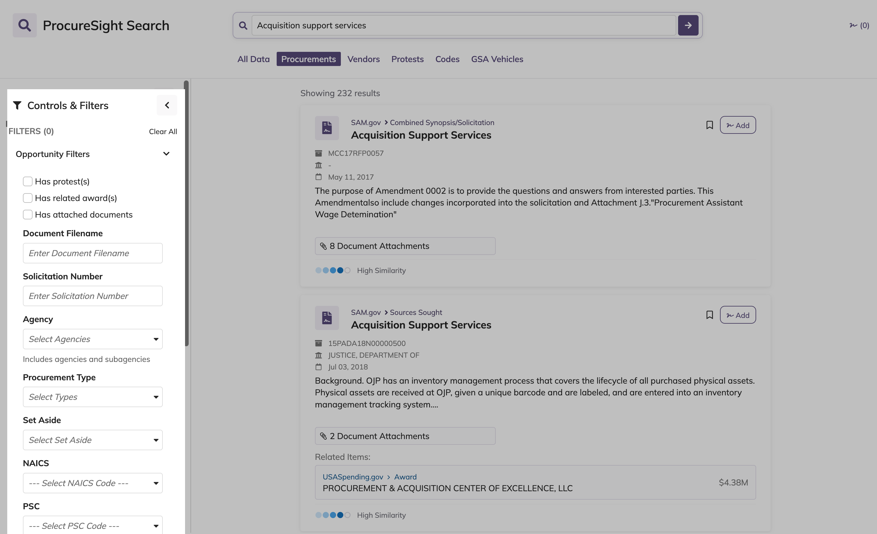 Filter panel showing options for dataset, agency, procurement type, fiscal year, and date range.
