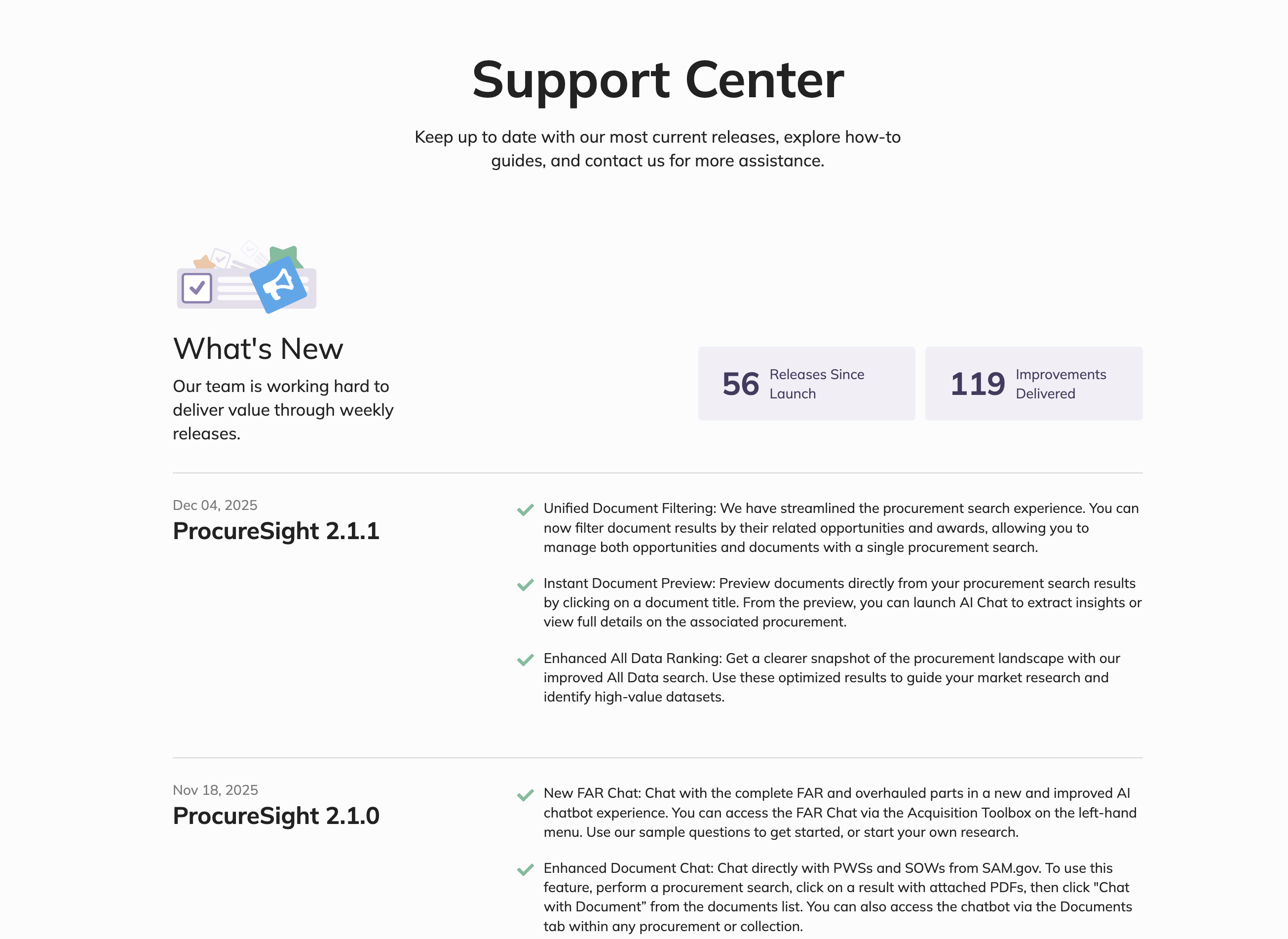 Support Center page with links to release notes, contact options, and resources.