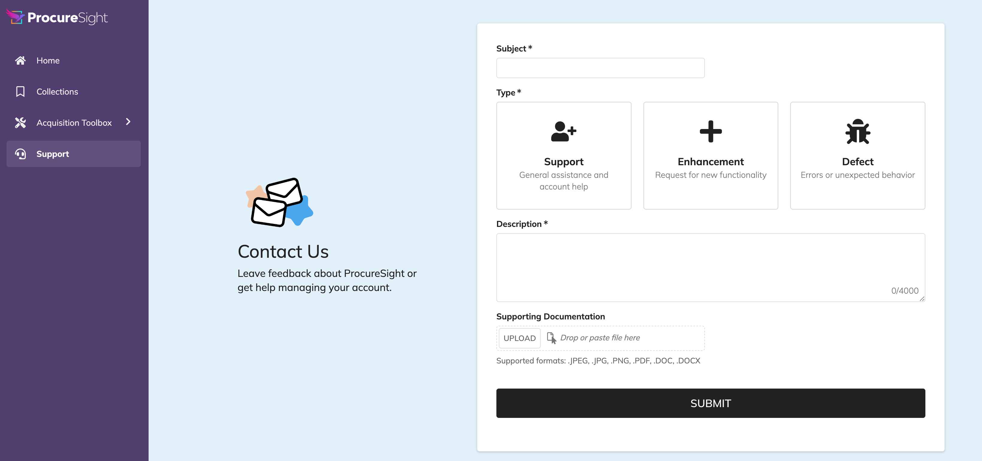 Support Center feedback form with options to report issues, request features, or share praise.