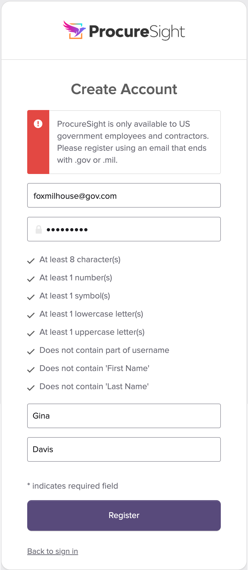 Account registration screen showing password requirements and name fields.
