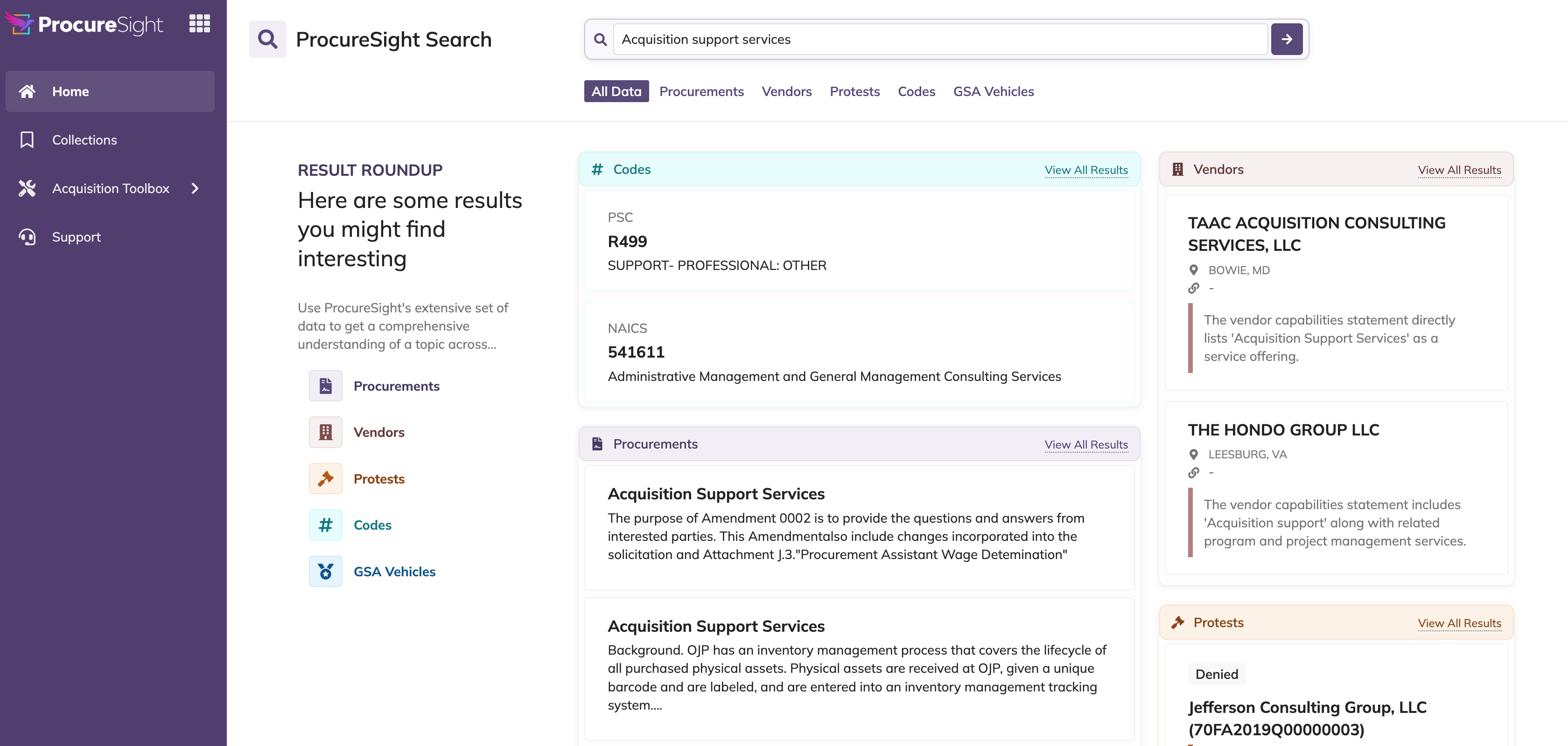 ProcureSight Core search results displayed as individual cards with similarity scores and procurement details.