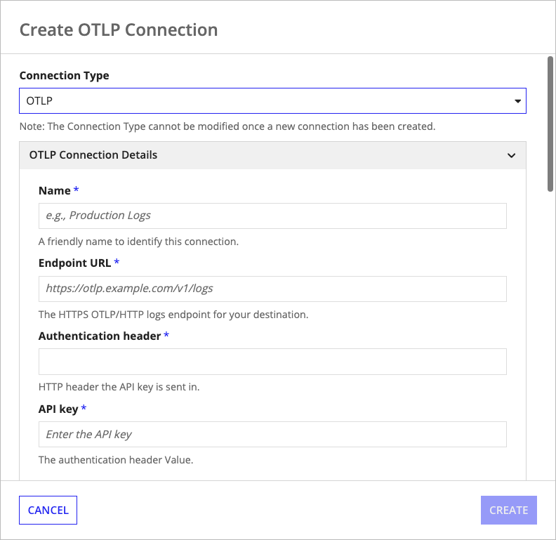 The Create OTLP Connection dialog, showing connection setup.