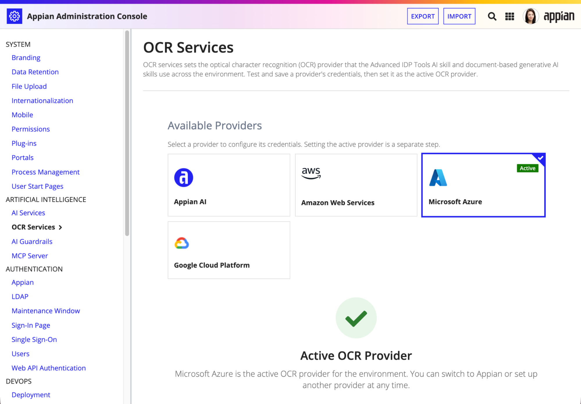 The OCR Services configuration in the Admin Console showing provider options for Amazon Textract, Microsoft Azure Document Intelligence, and Google Cloud Document AI.
