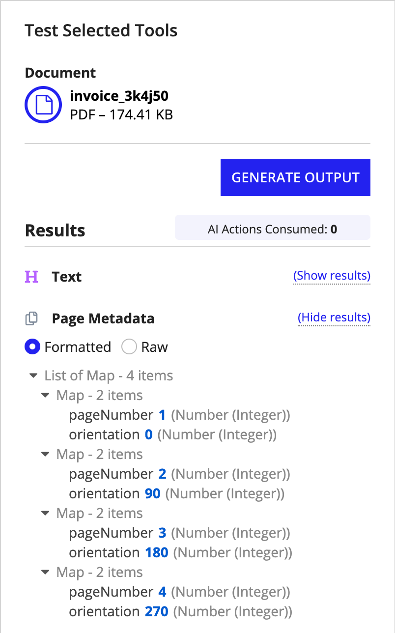 The Advanced IDP Tools AI skill output showing page orientation metadata with angles of 0, 90, 180, or 270 degrees.