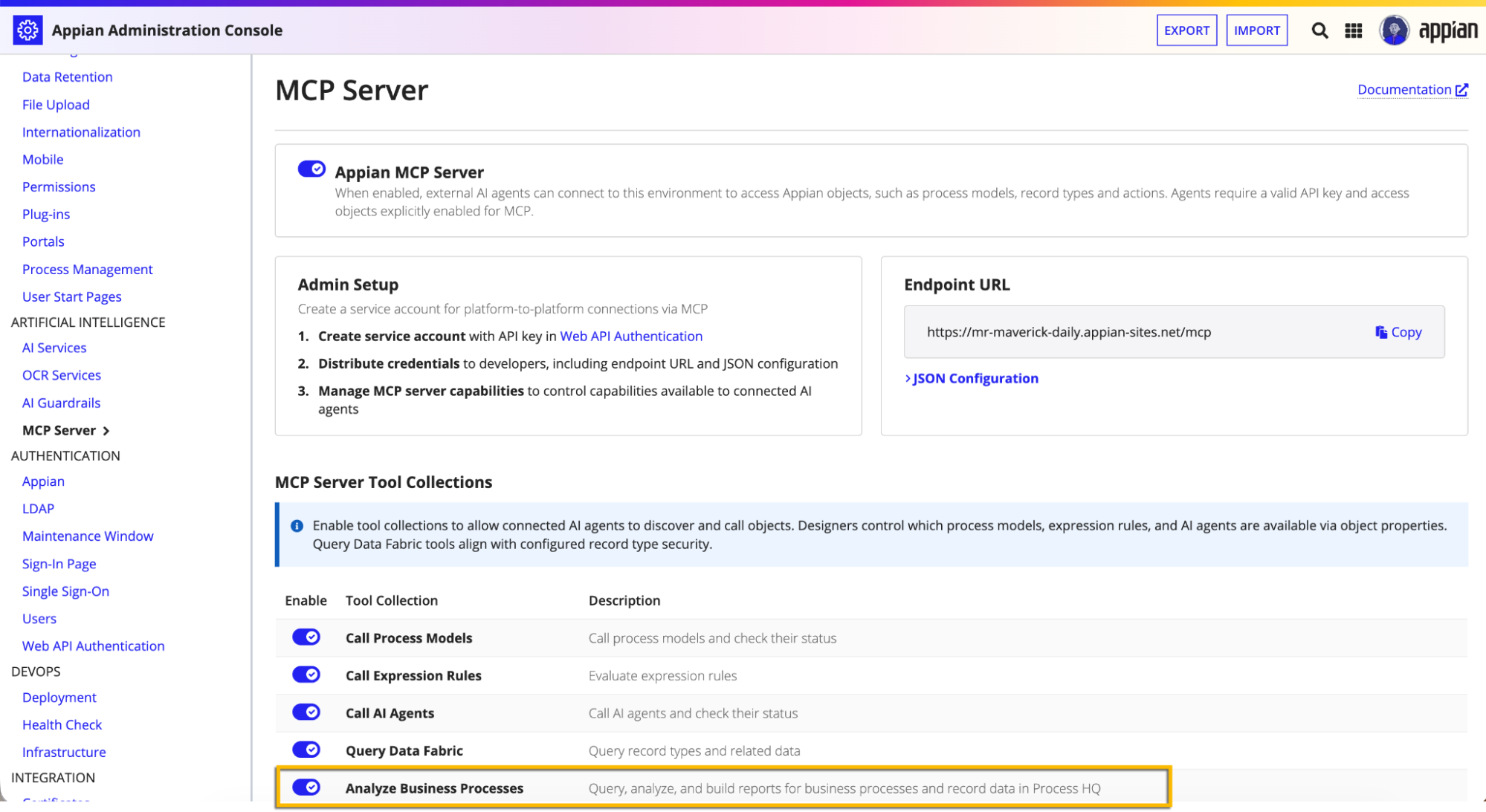 The updated tool collection in the MCP Server page of the Admin Console.