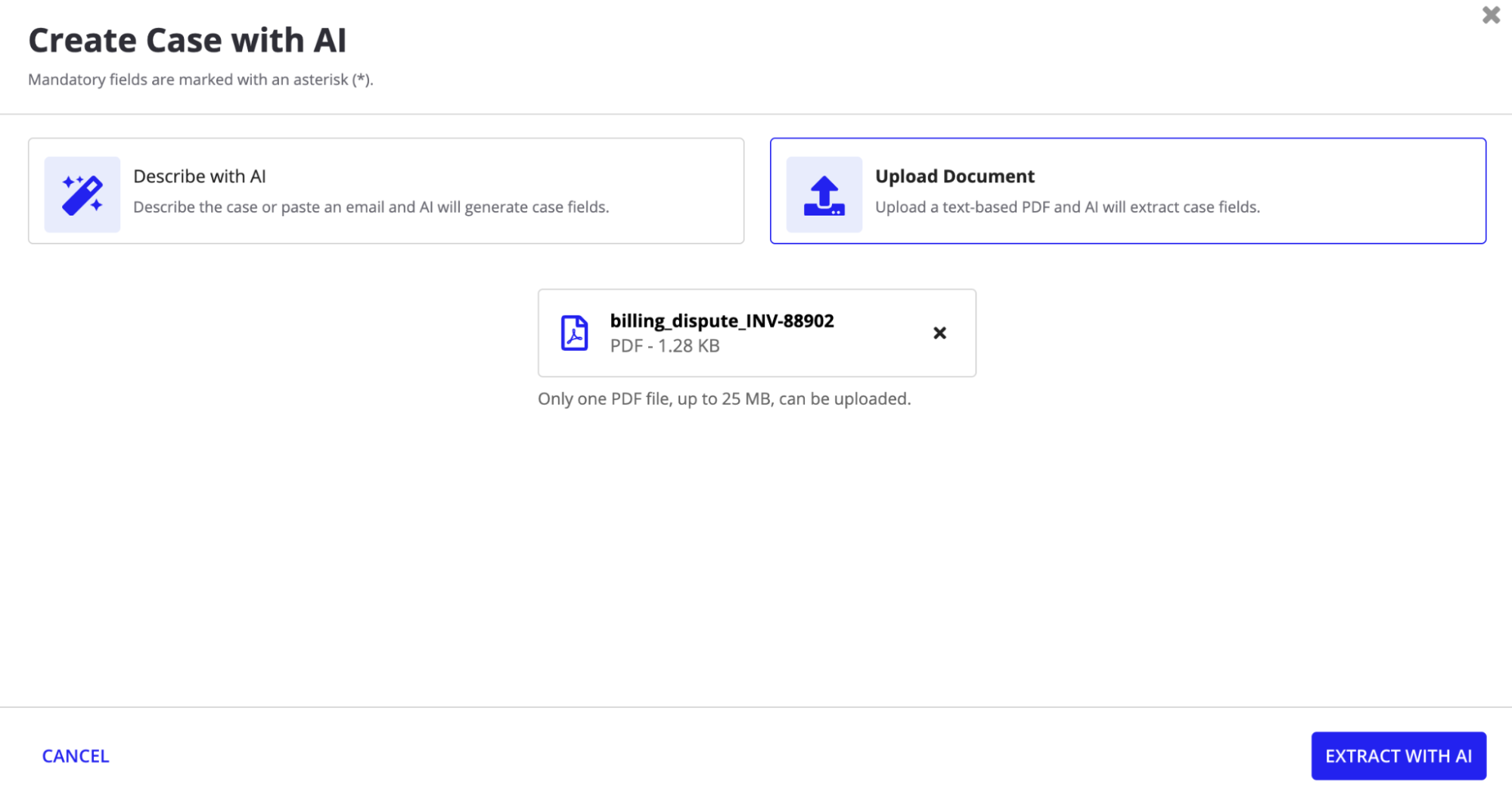 The Create Case with AI dialog, showing the Describe with AI and Upload Document options.
