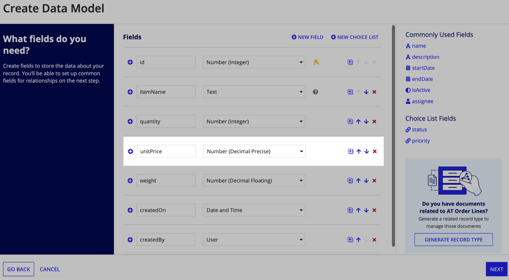 The Create Data Model dialog displaying a field with the Number (Decimal Precise) data type.