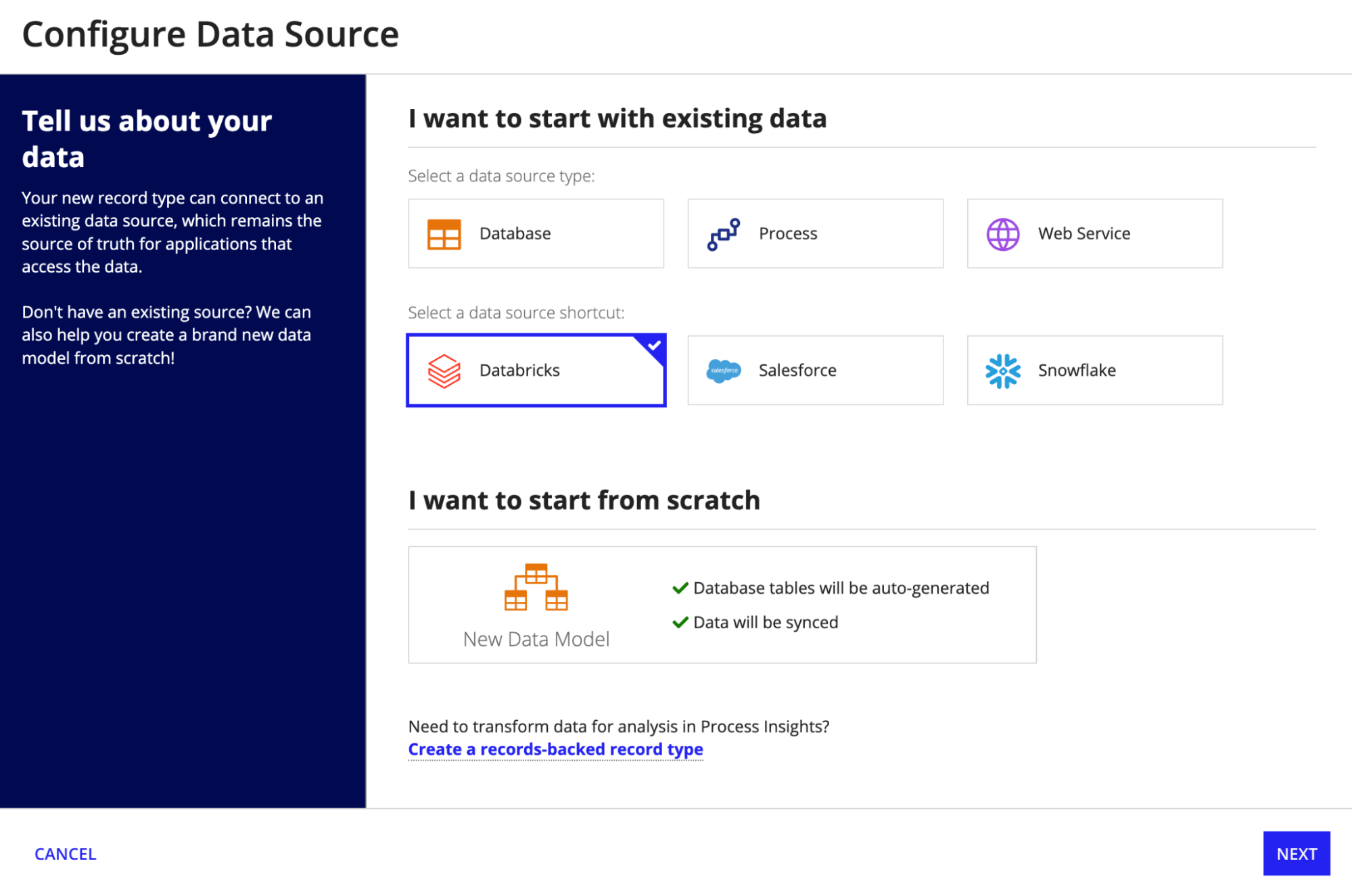 Databricks data source option when configuring the source of a record type.