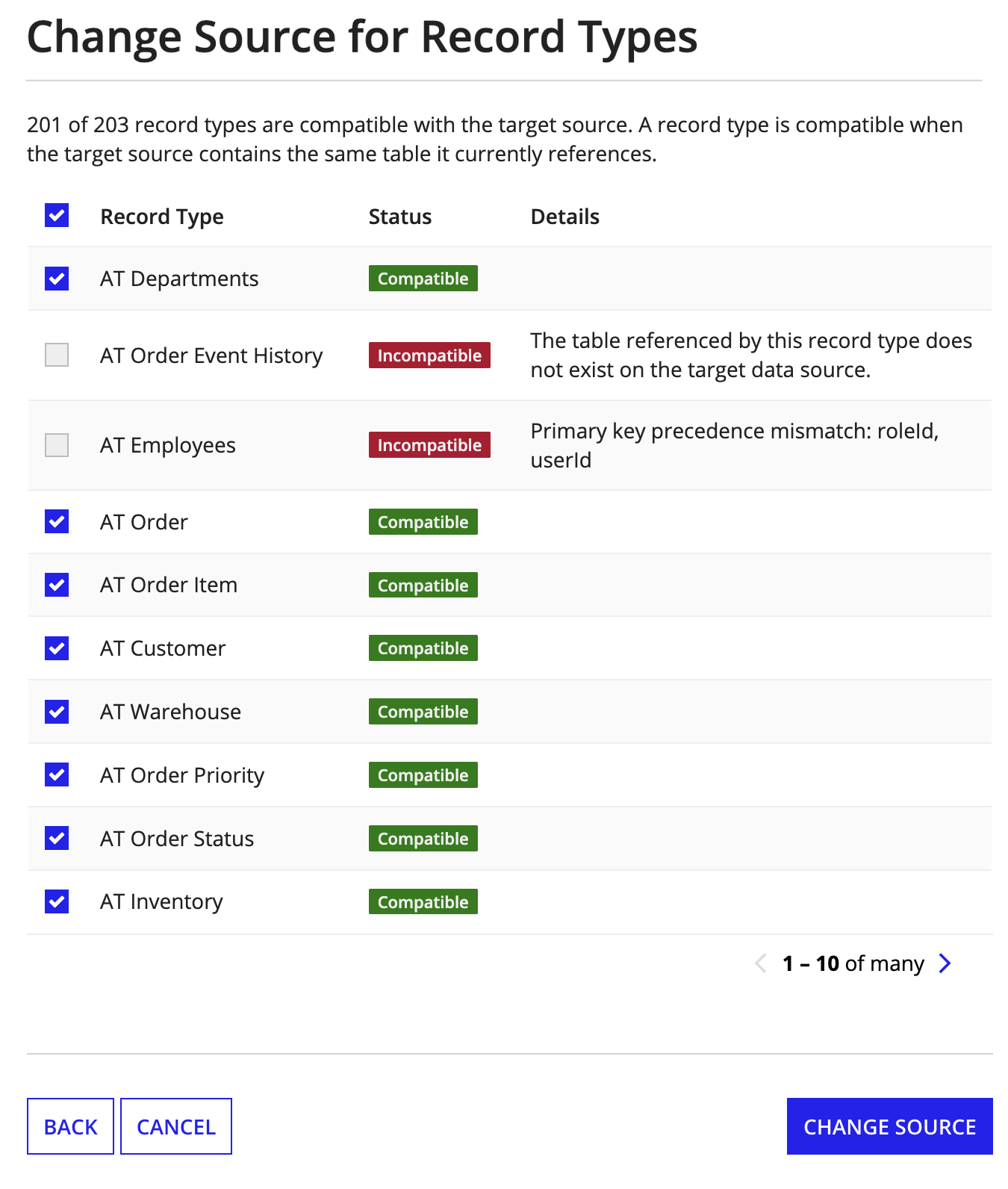 The data source change interface showing a validation check of which record types are ready to move to a new data source.