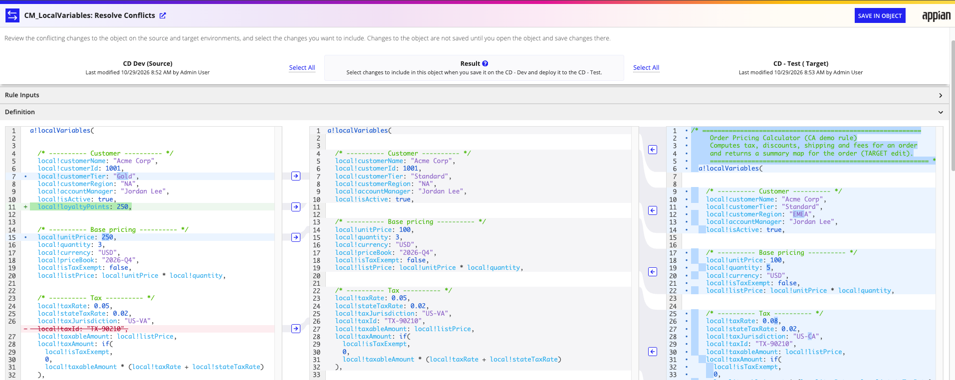 The Compare and Deploy conflict resolution view for expression rules, showing color-coded highlights and selection boxes for merging changes.