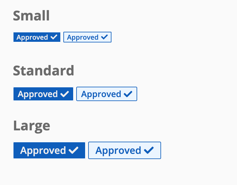Tag components with borders, icons, and a larger size option displaying status information.
