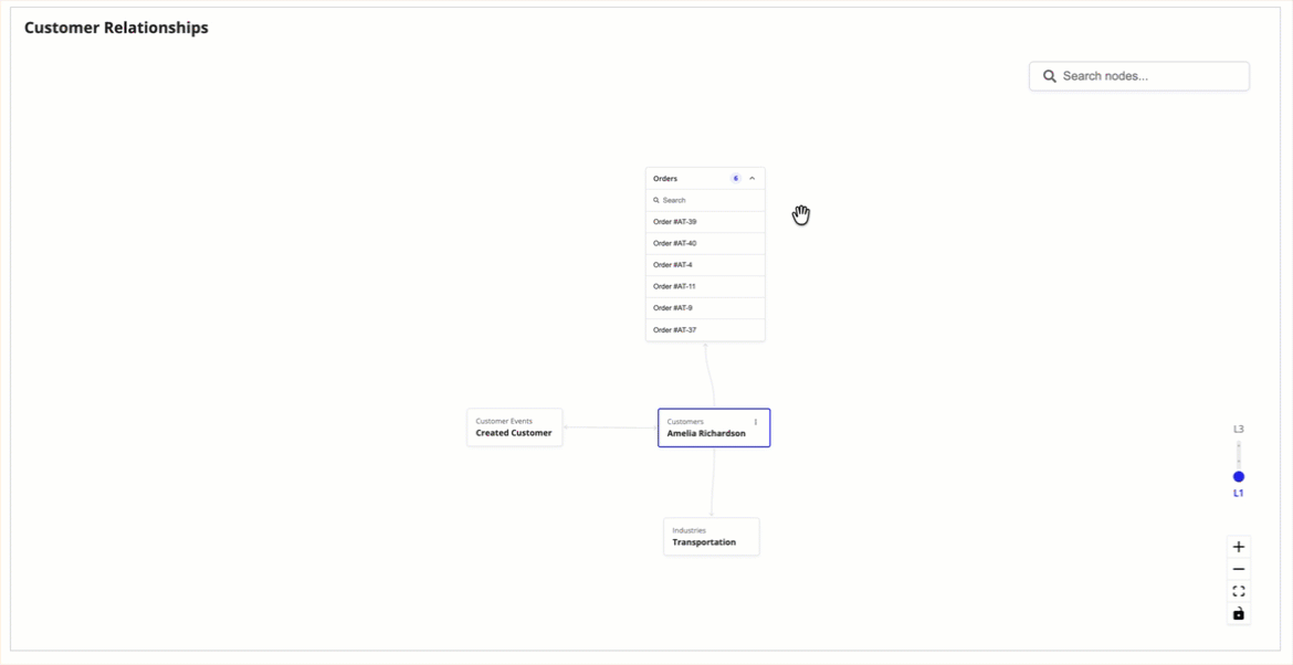 The record knowledge graph component with grouped one-to-many relationships, search, a depth slider, and record summary views.