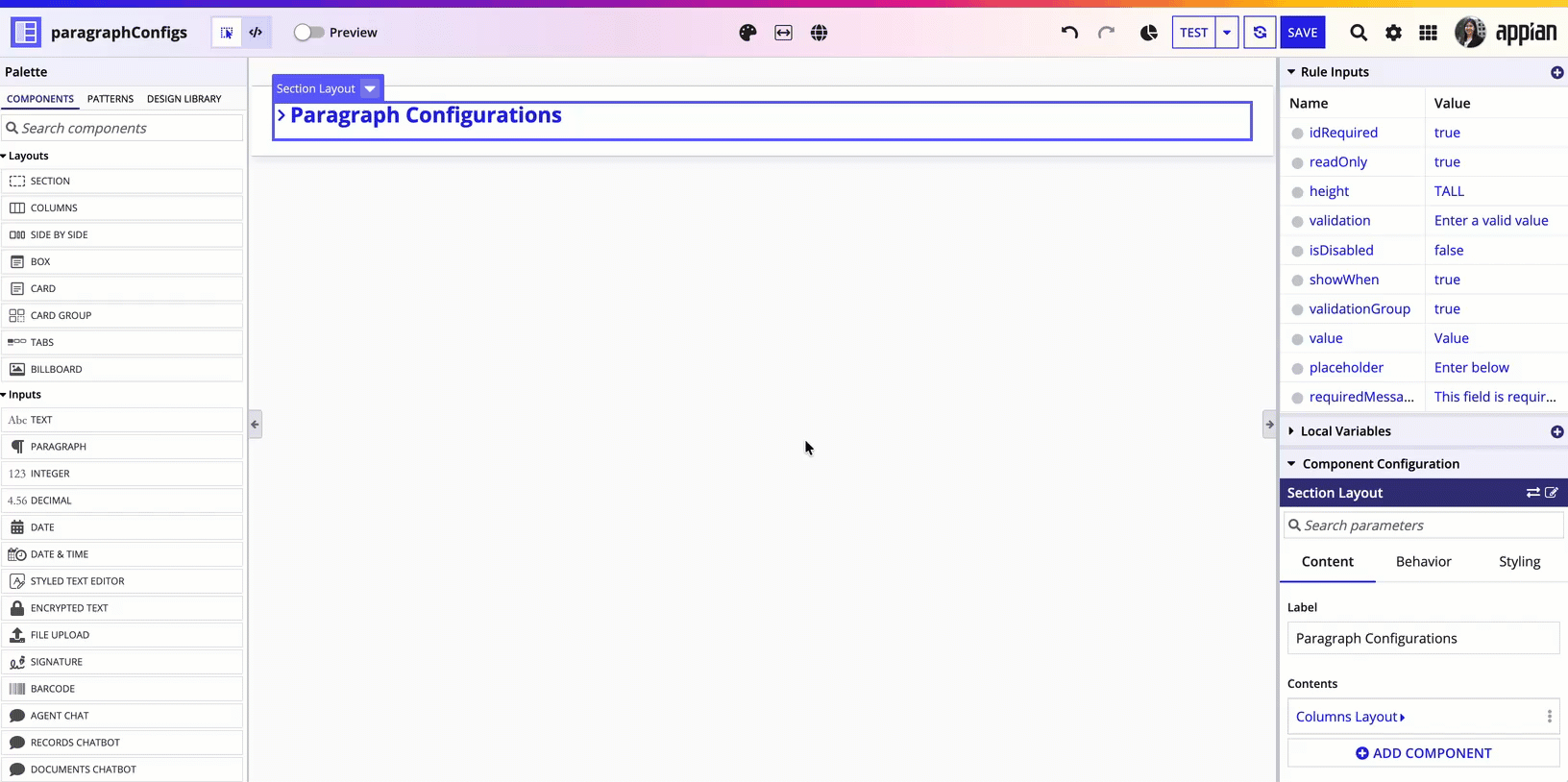 Dragging and dropping rule inputs in the Configure Test Values dialog to reorder them.