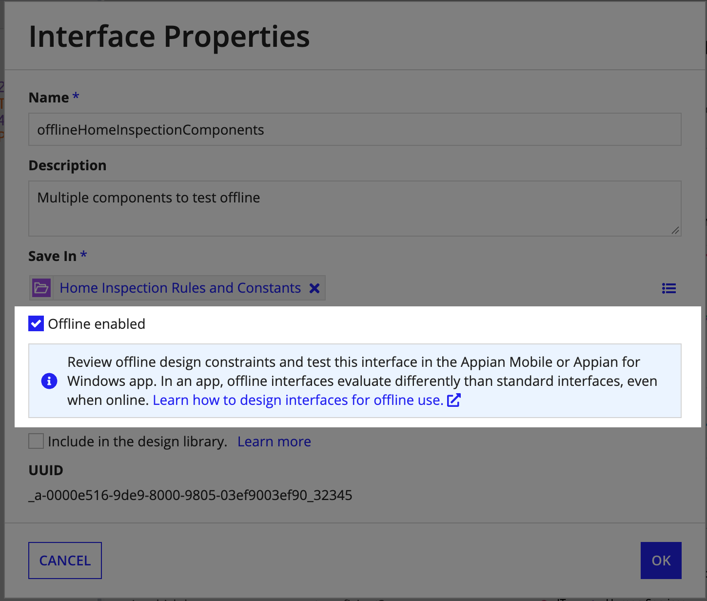 An interface marked as offline enabled from the Interface Properties dialog.