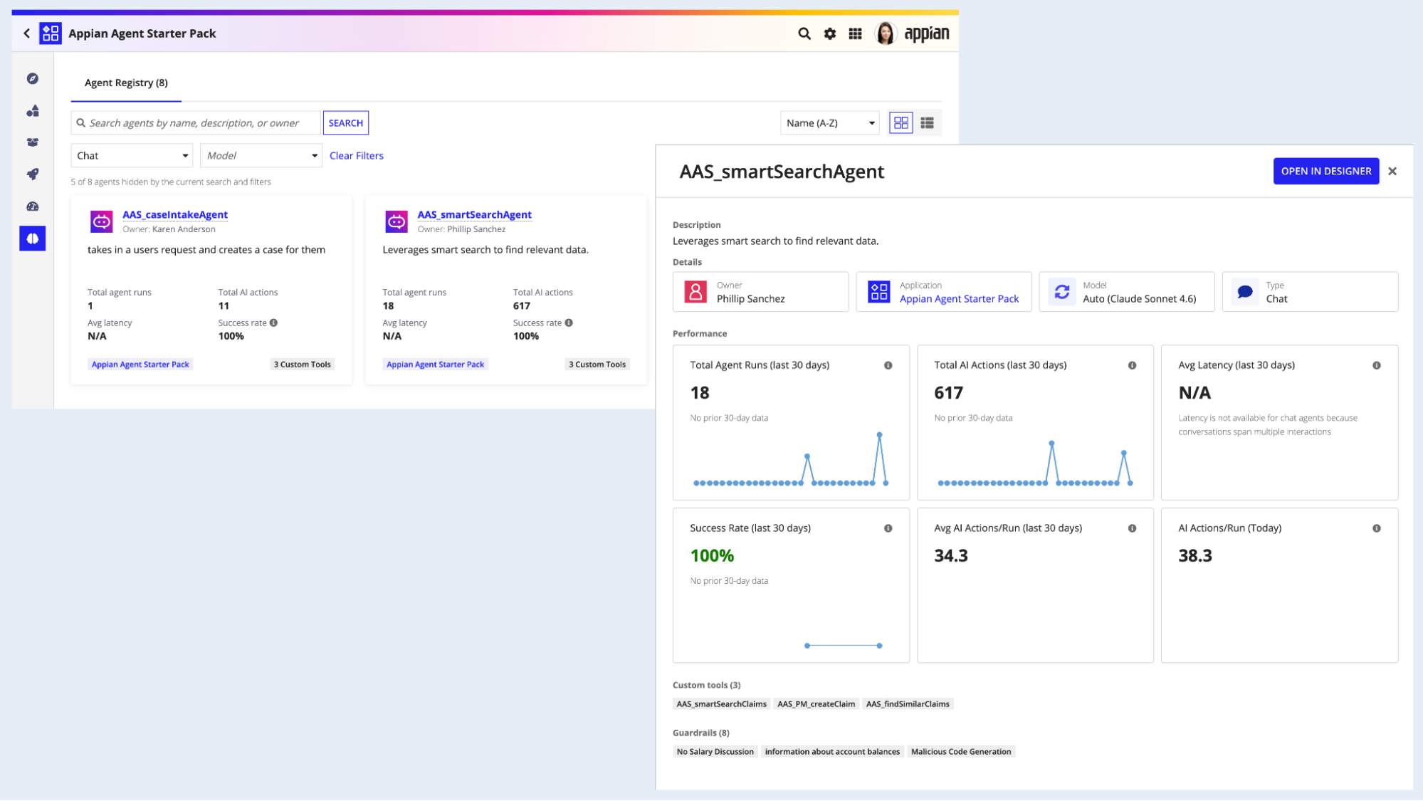 The Agent Registry in Appian Designer showing a searchable list of AI agents with ownership, custom tools, and 30-day health metrics.