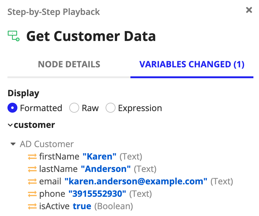 Process step-by-step playback - variables tab