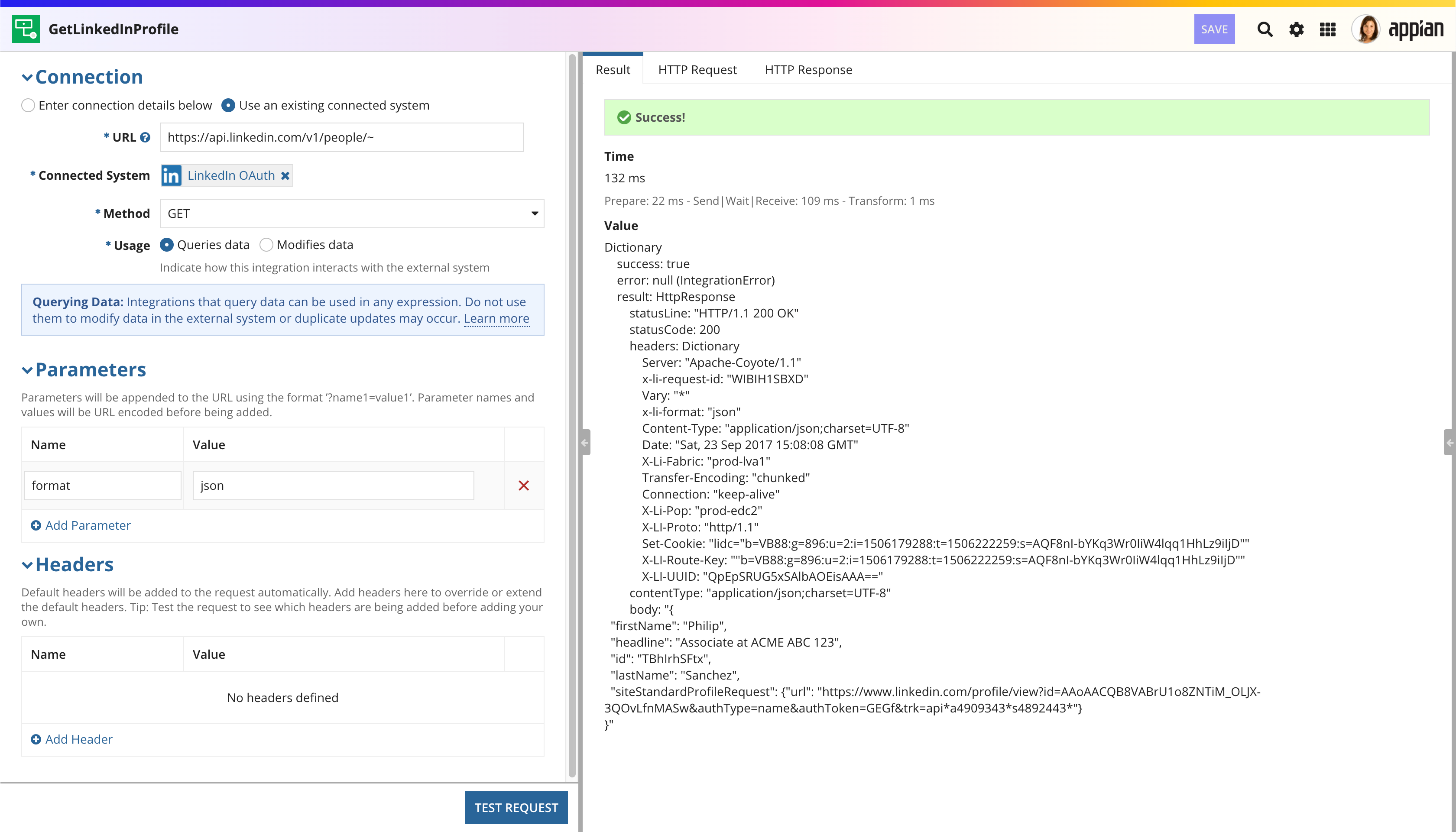 screenshot of an integration object configured to use OAuth authentication