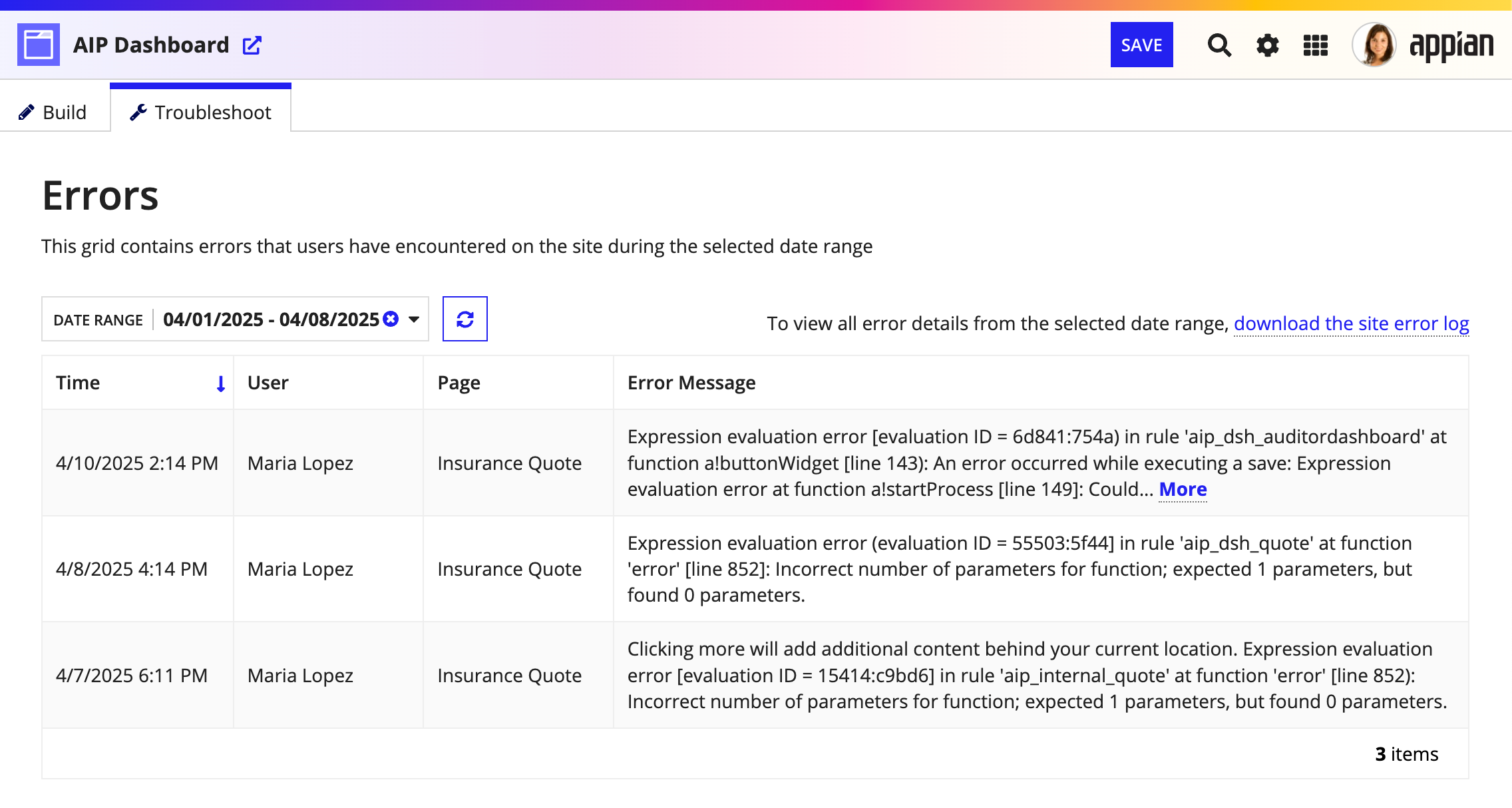 a screenshot of the Troubleshoot tab in a site object