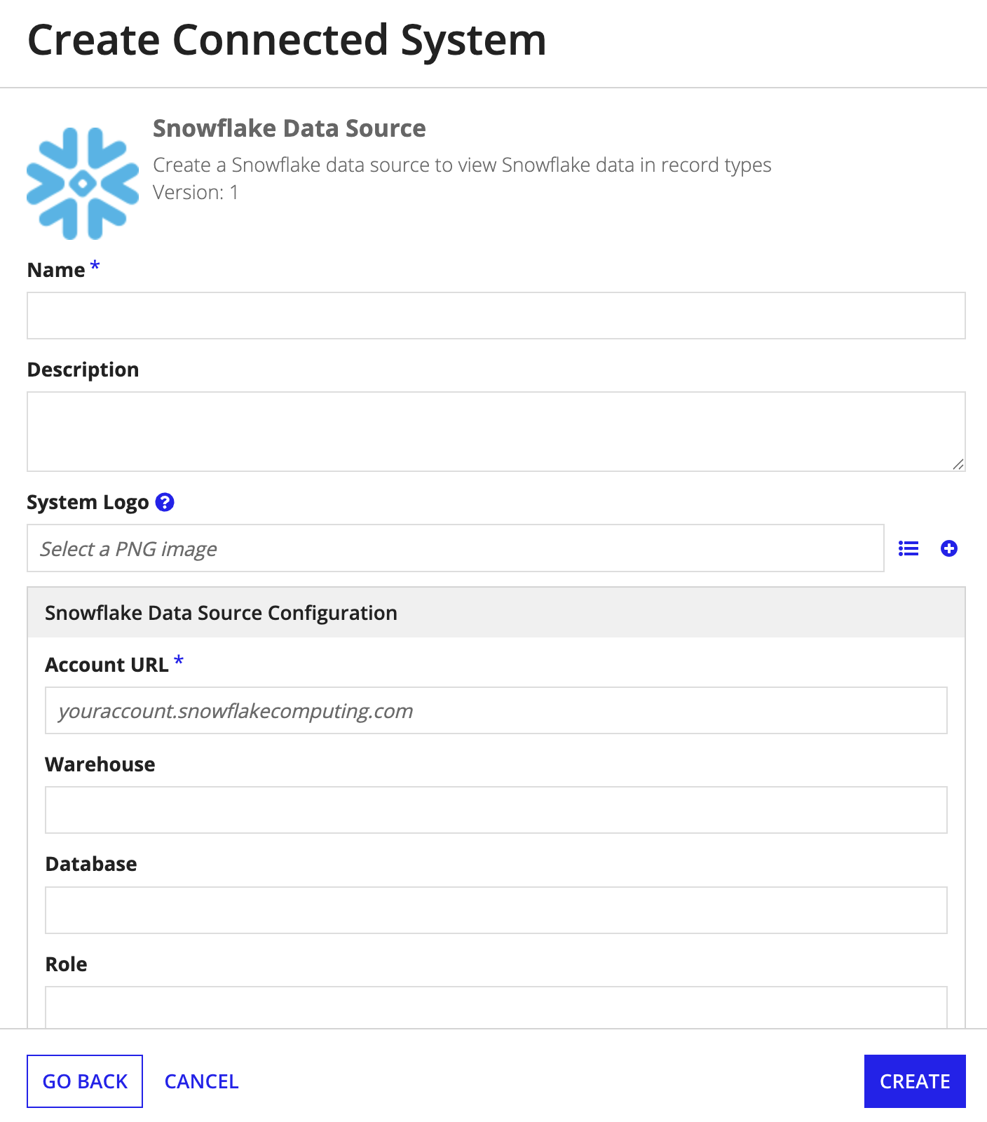 Snowflake connected system empty configuration