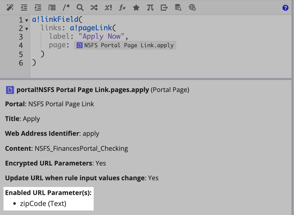 enabled url parameters in the expression documentation pane for a portal