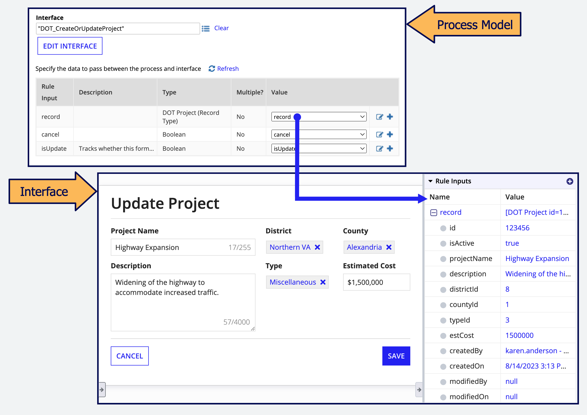 Rule input being passed from a process to an interface