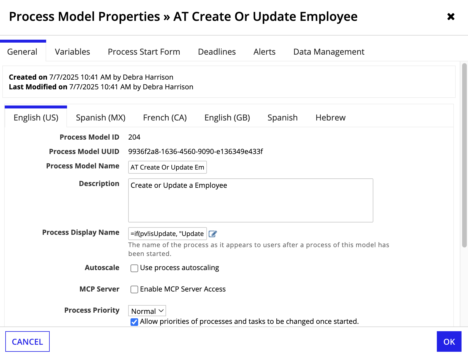 General tab of the Process Model Properties dialog