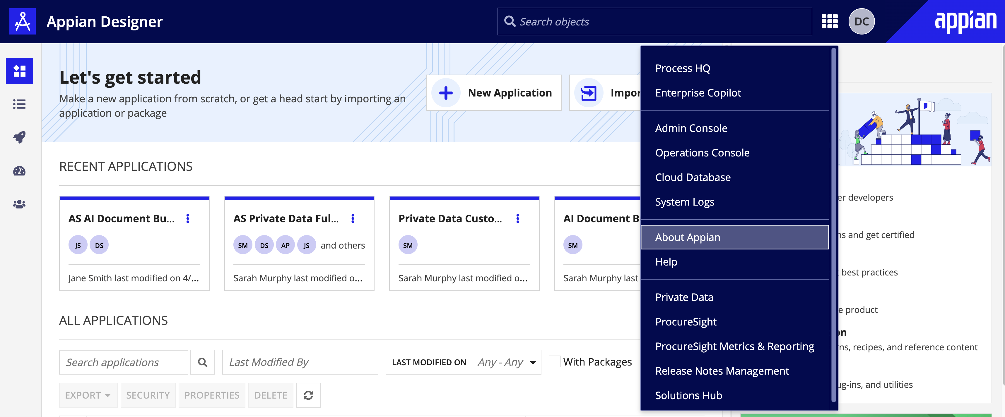 Navigation menu showing About Appian option