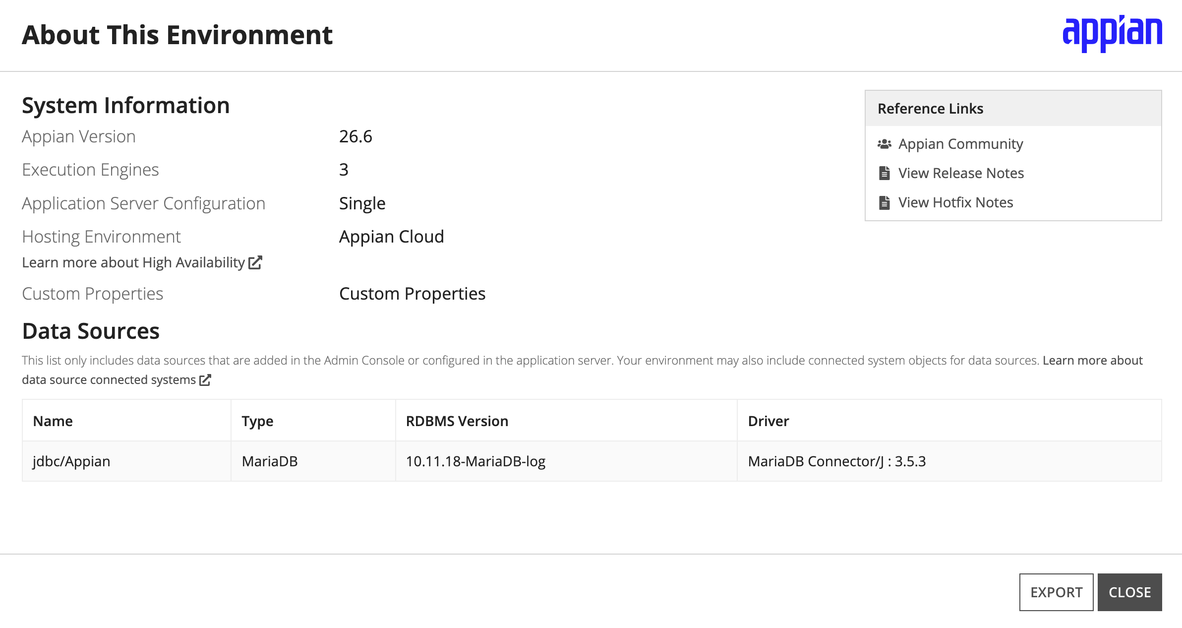 About This Environment dialog showing database type information