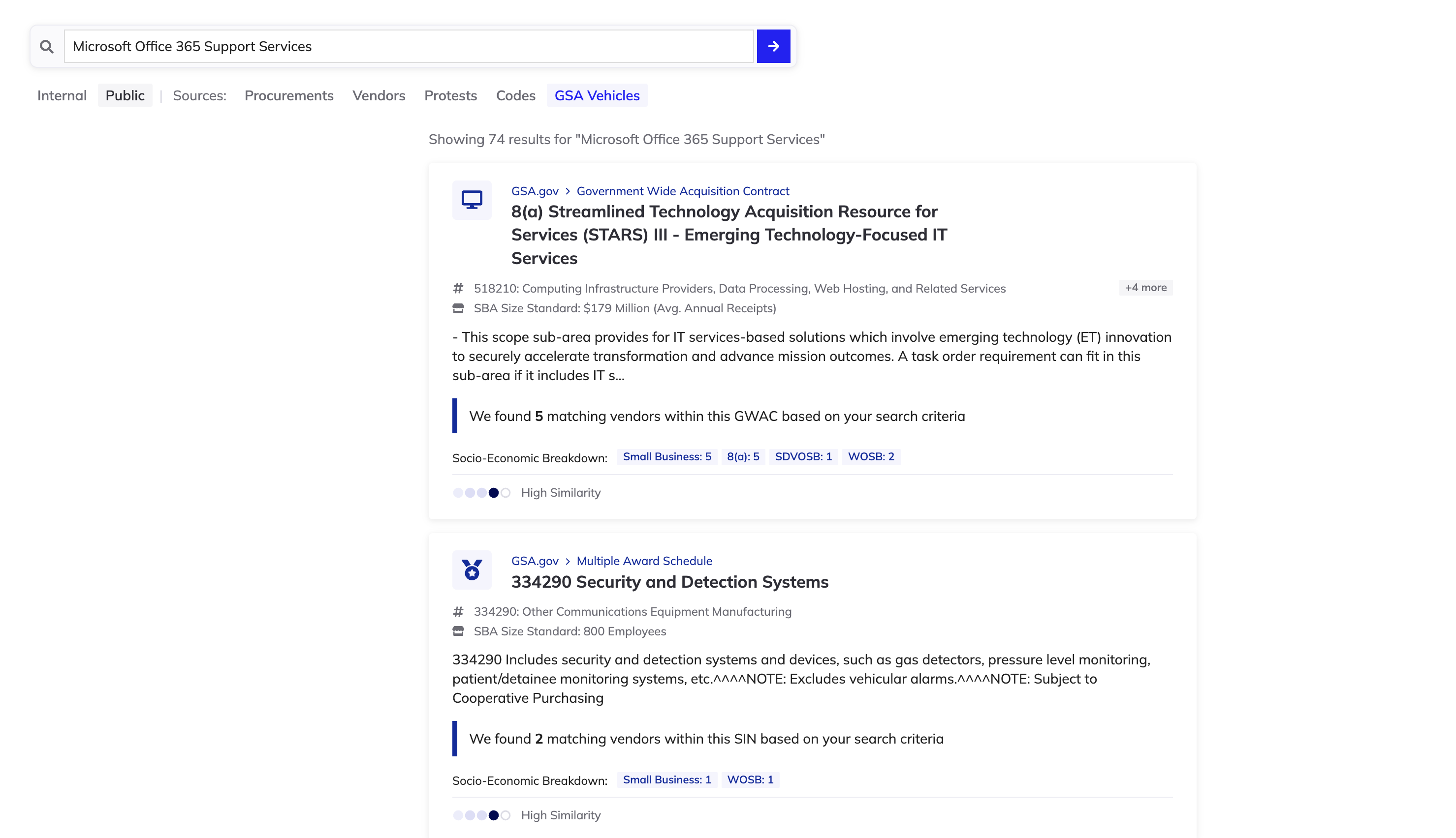 GSA Vehicles search results displaying SIN cards and GWAC contract vehicle groups