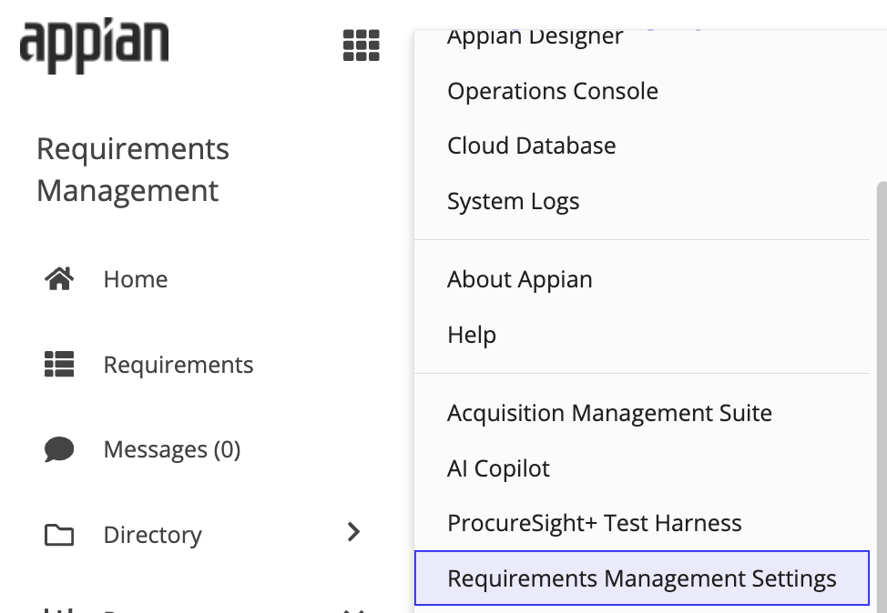 Select 'Requirements Management Settings' from the RM dropdown menu.