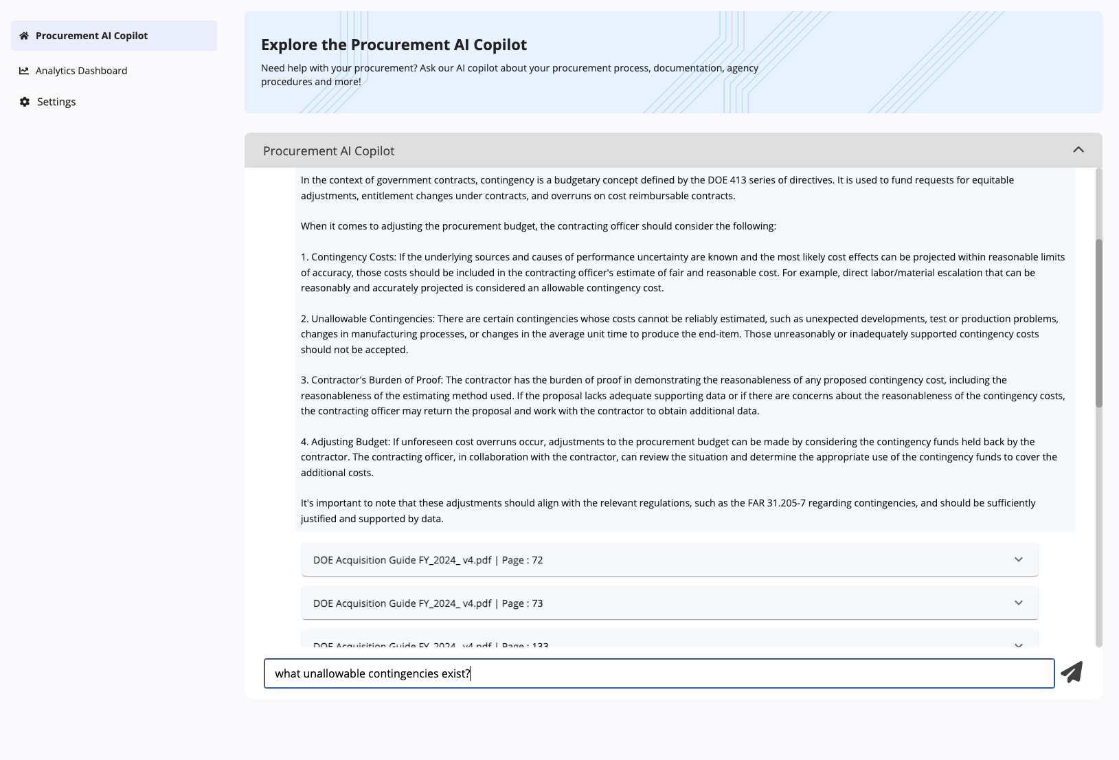 Procurement AI Copilot chat interface showing knowledge set selection and document-backed answers.