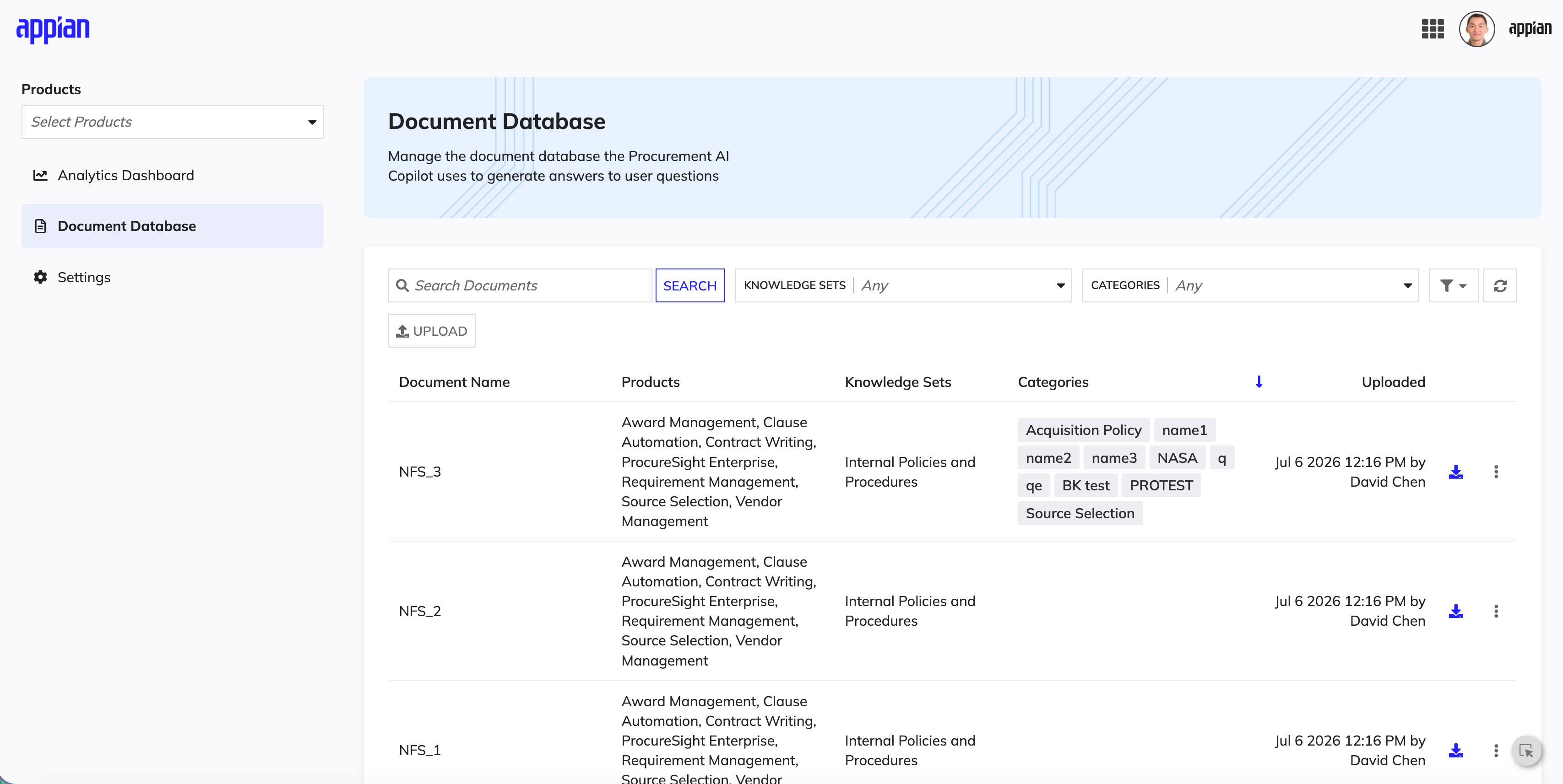 Procurement AI Copilot Document Database showing knowledge set assignments and filters.