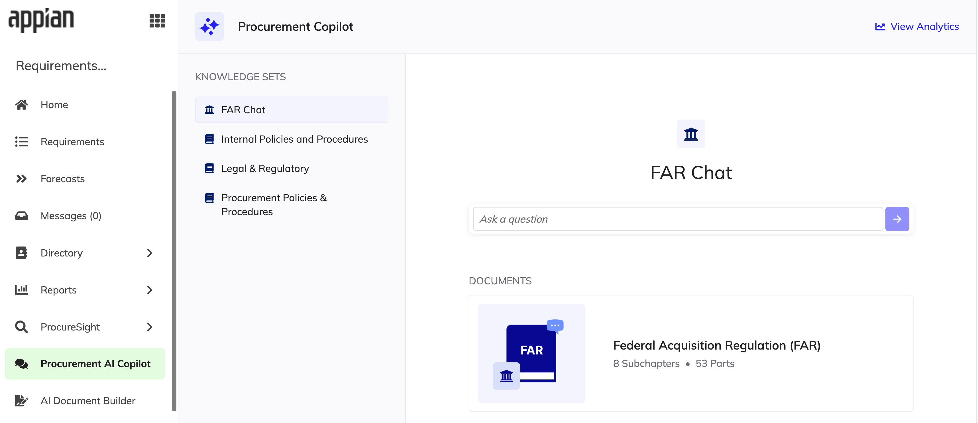 Procurement AI Copilot chatbot answering a question about federal contract eligibility.
