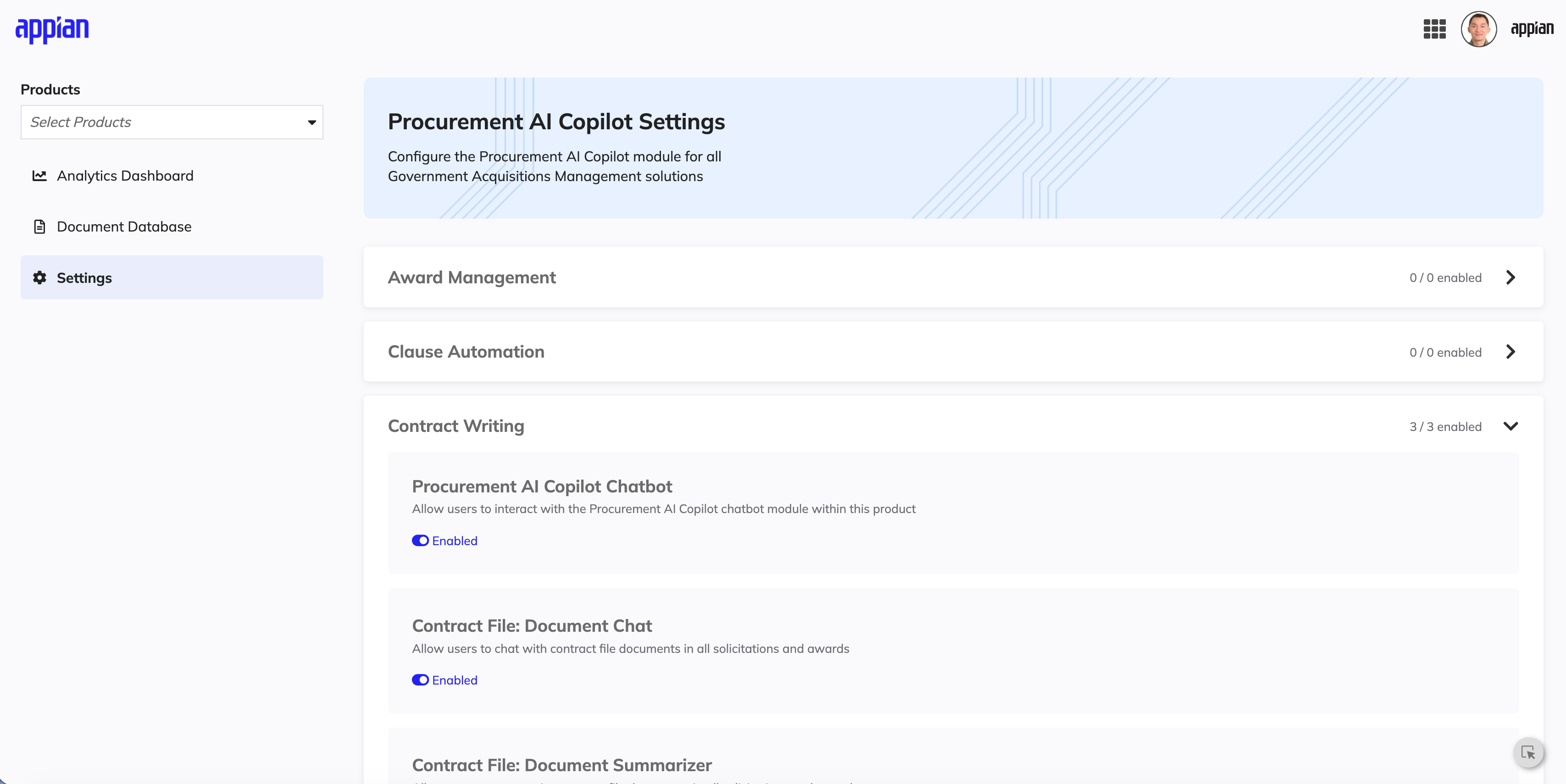 Procurement AI Copilot settings for chatbot, document chat, and summarizer configuration.