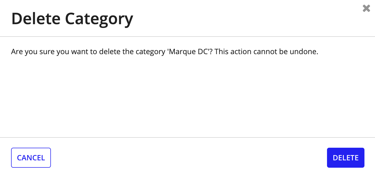 Delete Category confirmation dialog with Cancel and Delete buttons.